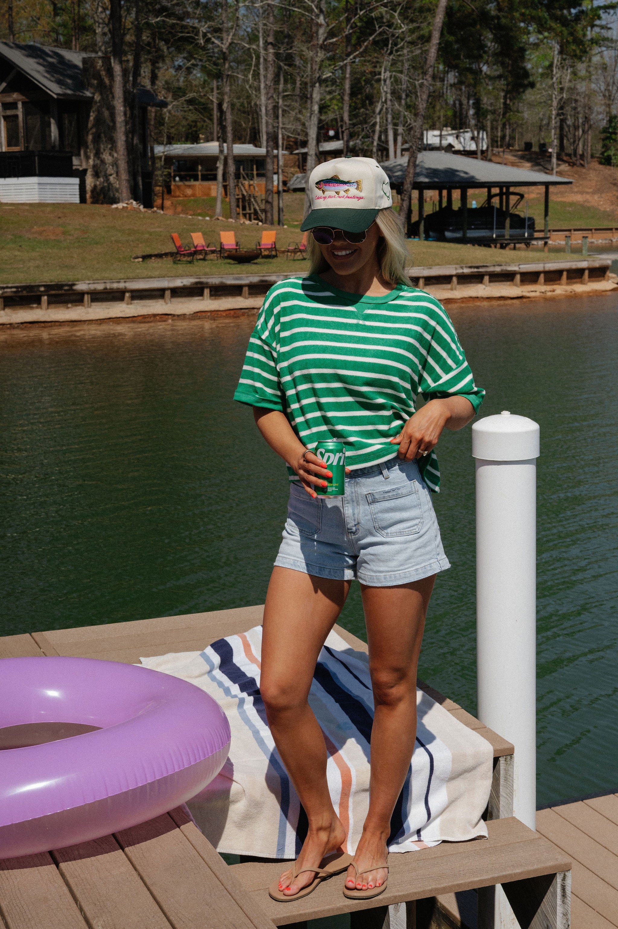 Terry Striped Oversized Top-Green/Oat