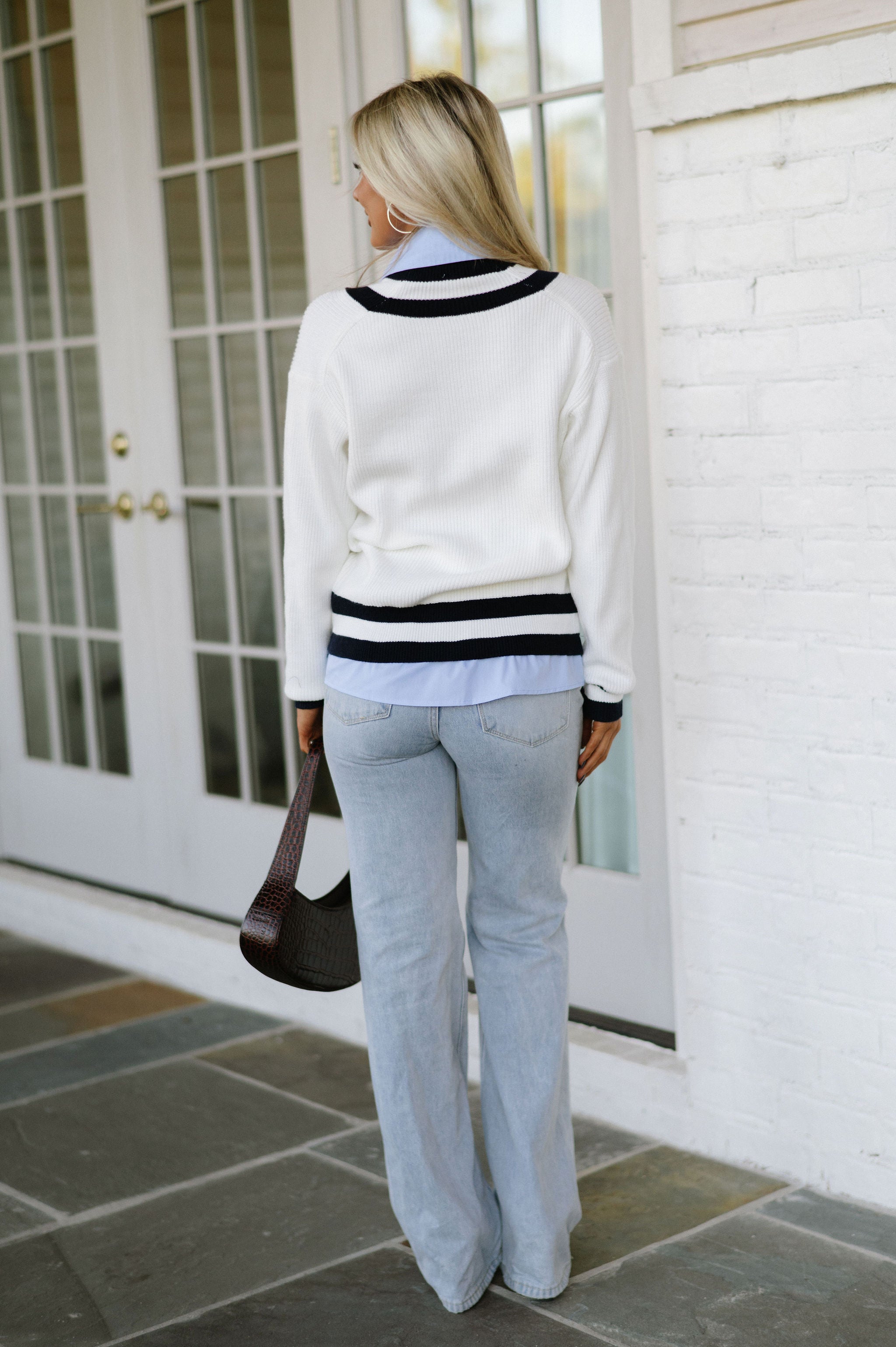 Varsity V Neck Sweater-Ivory