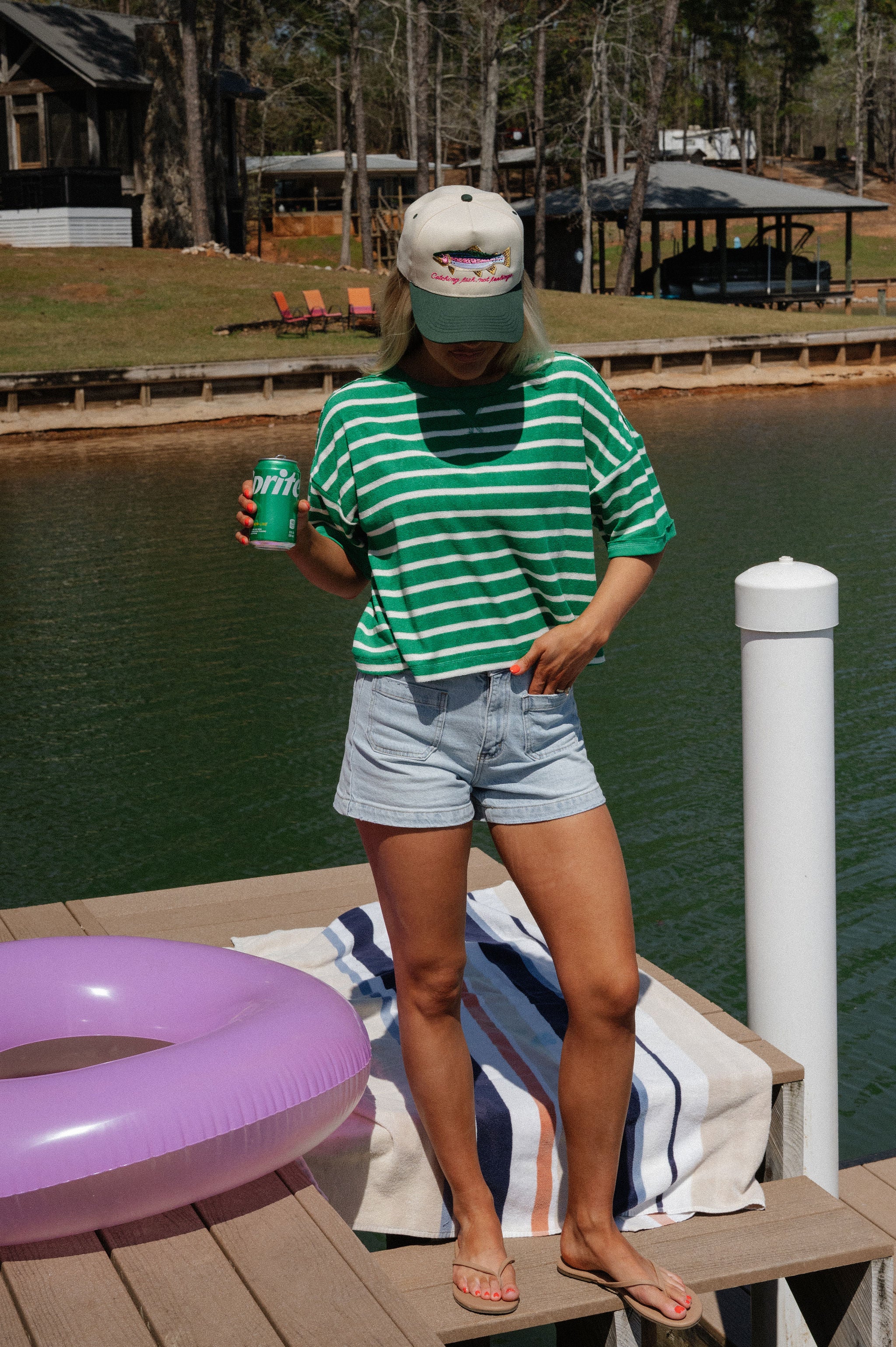 Terry Striped Oversized Top-Green/Oat