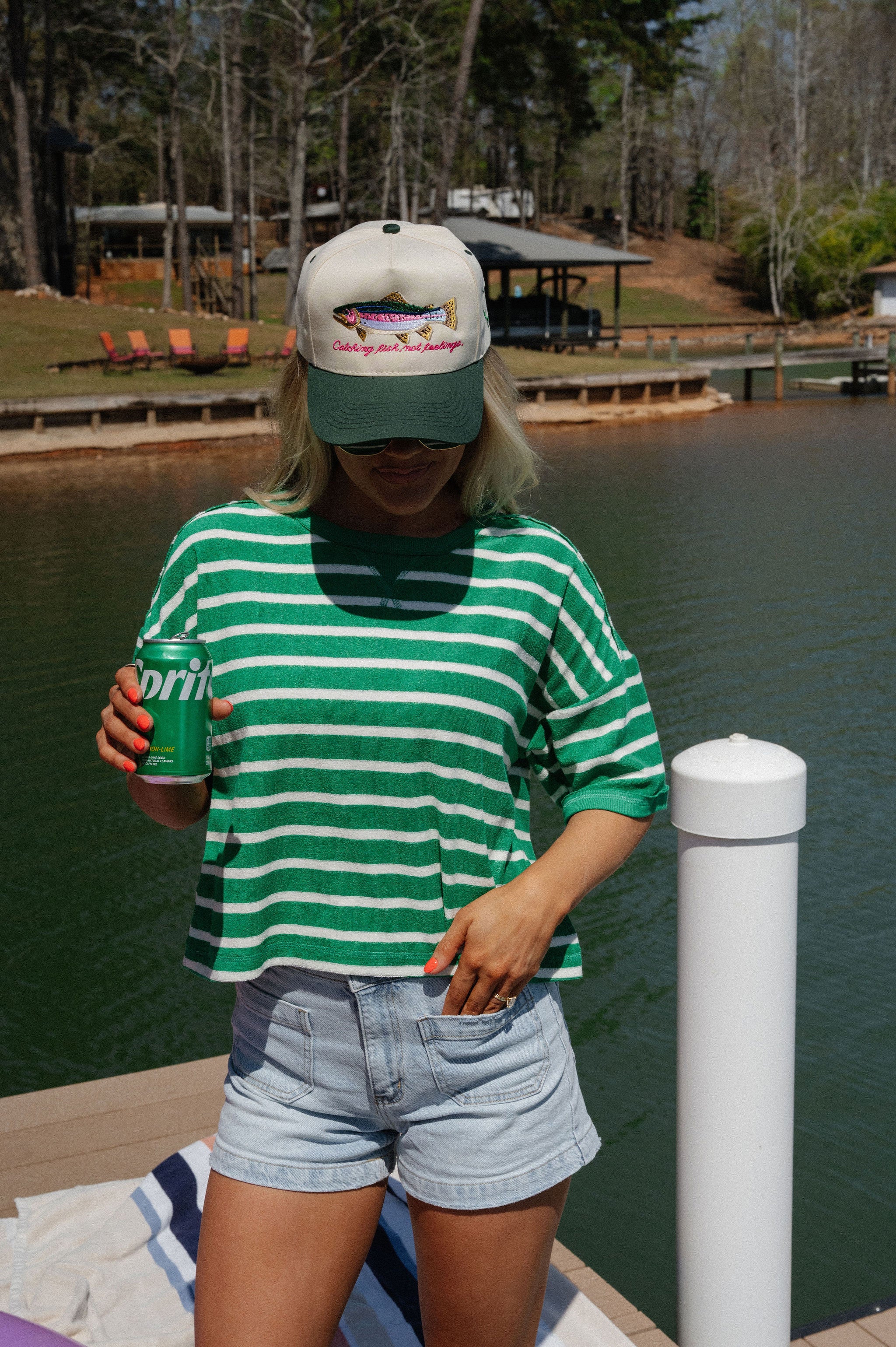 Terry Striped Oversized Top-Green/Oat