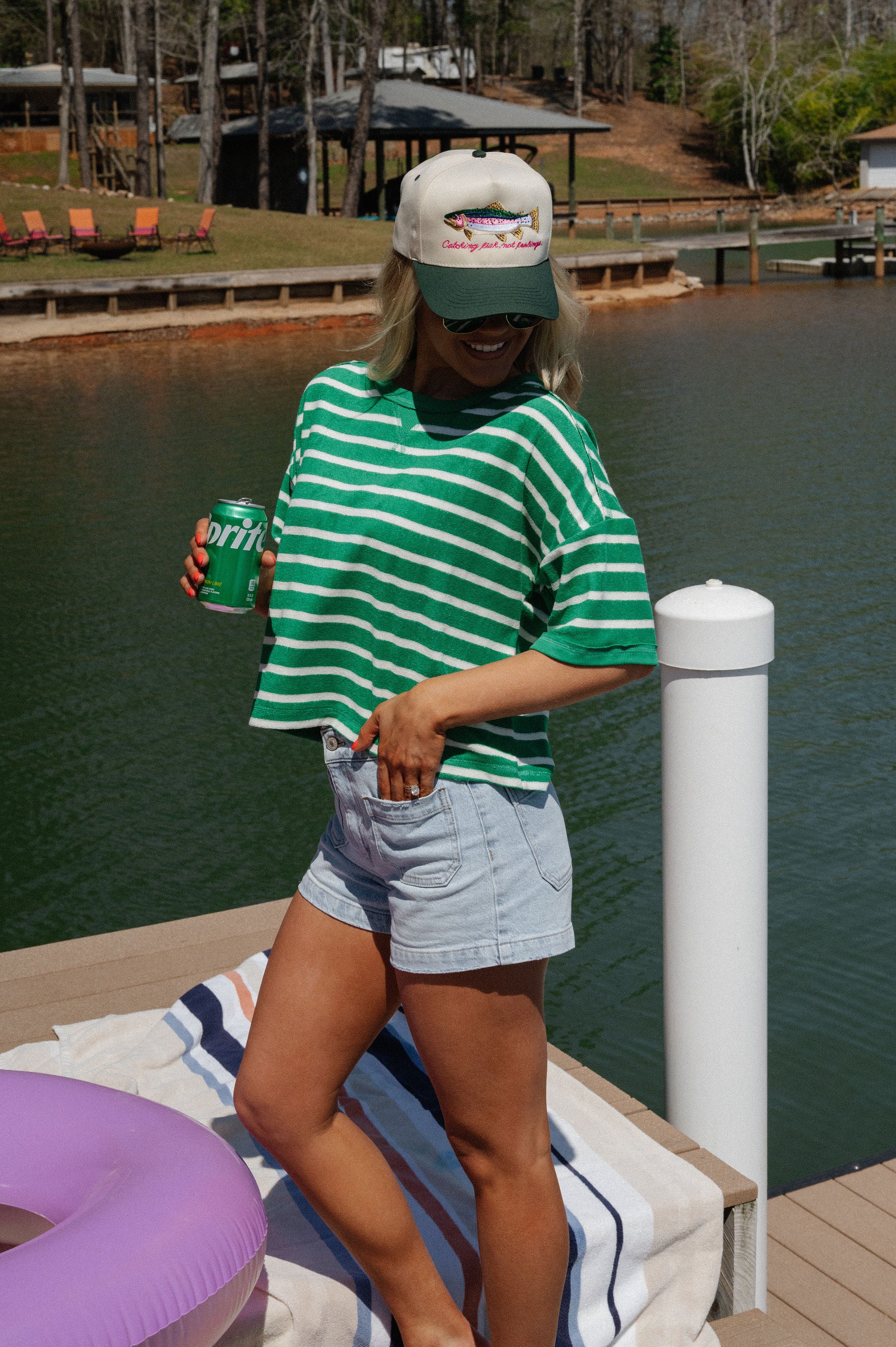 Terry Striped Oversized Top-Green/Oat