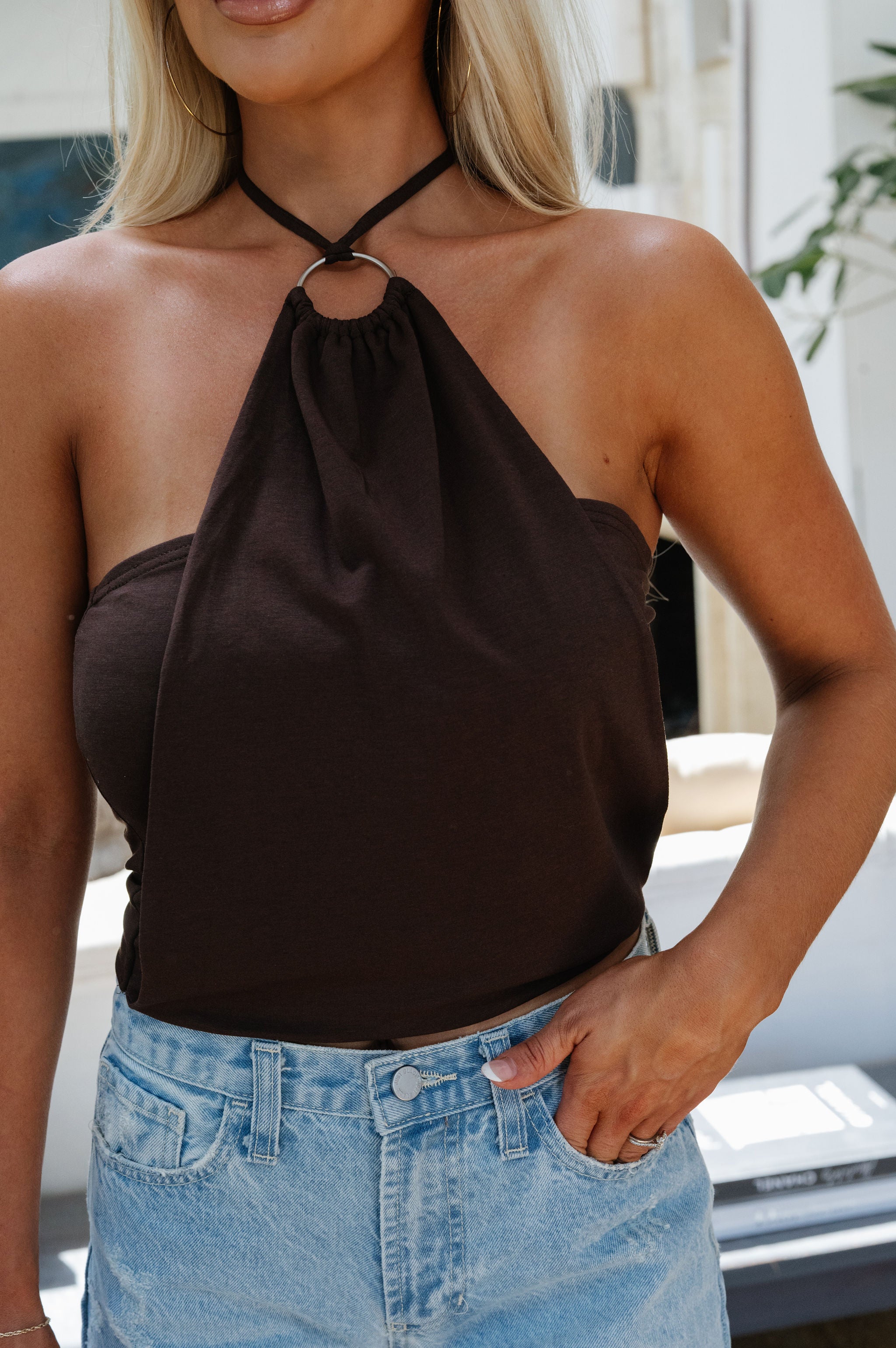 Leighton O-Ring Halter Top-Chocolate