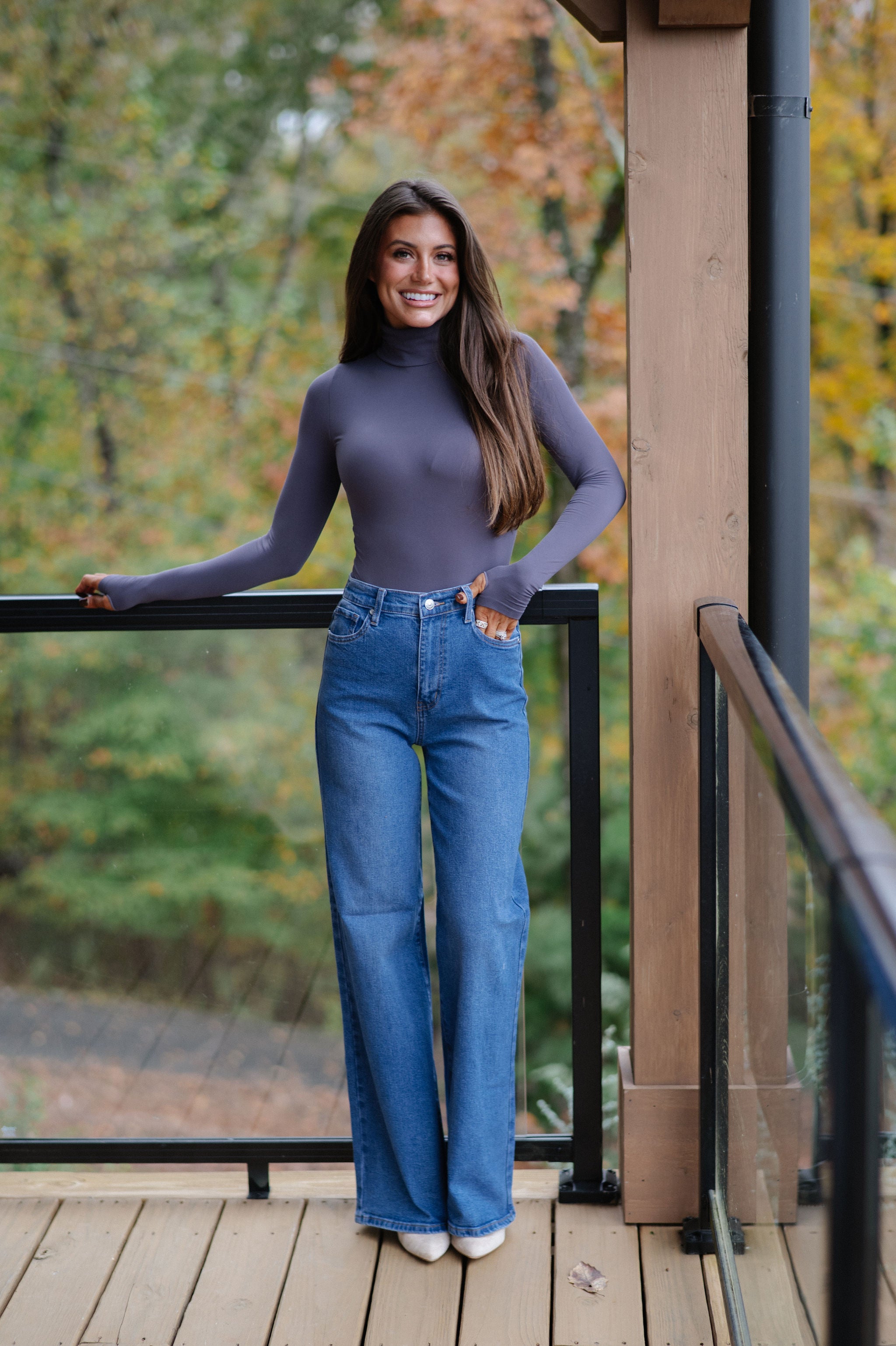 London Mock Neck Bodysuit-Asphalt Grey