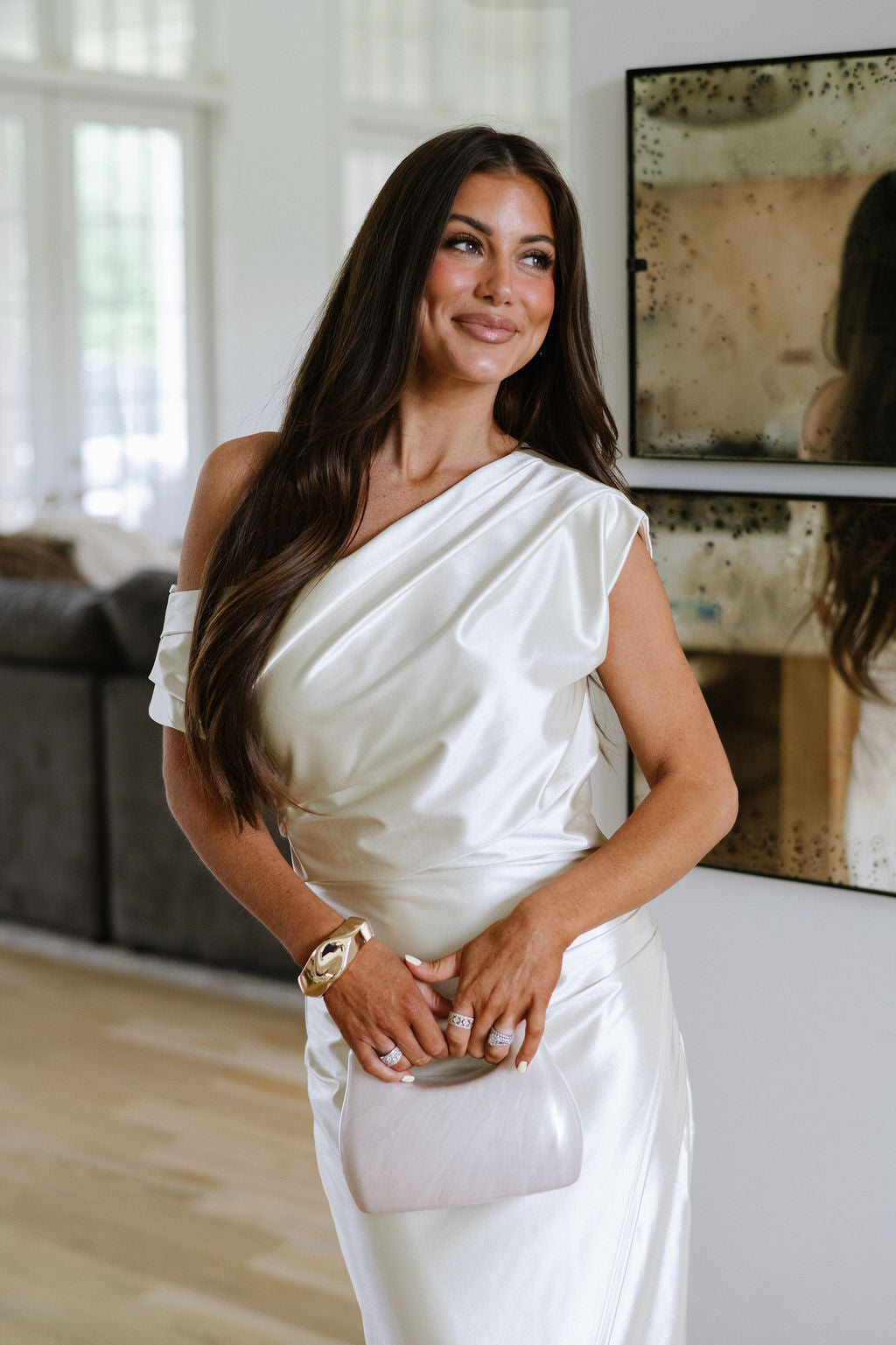 Asymmetrical Pleated Maxi Dress-Cream