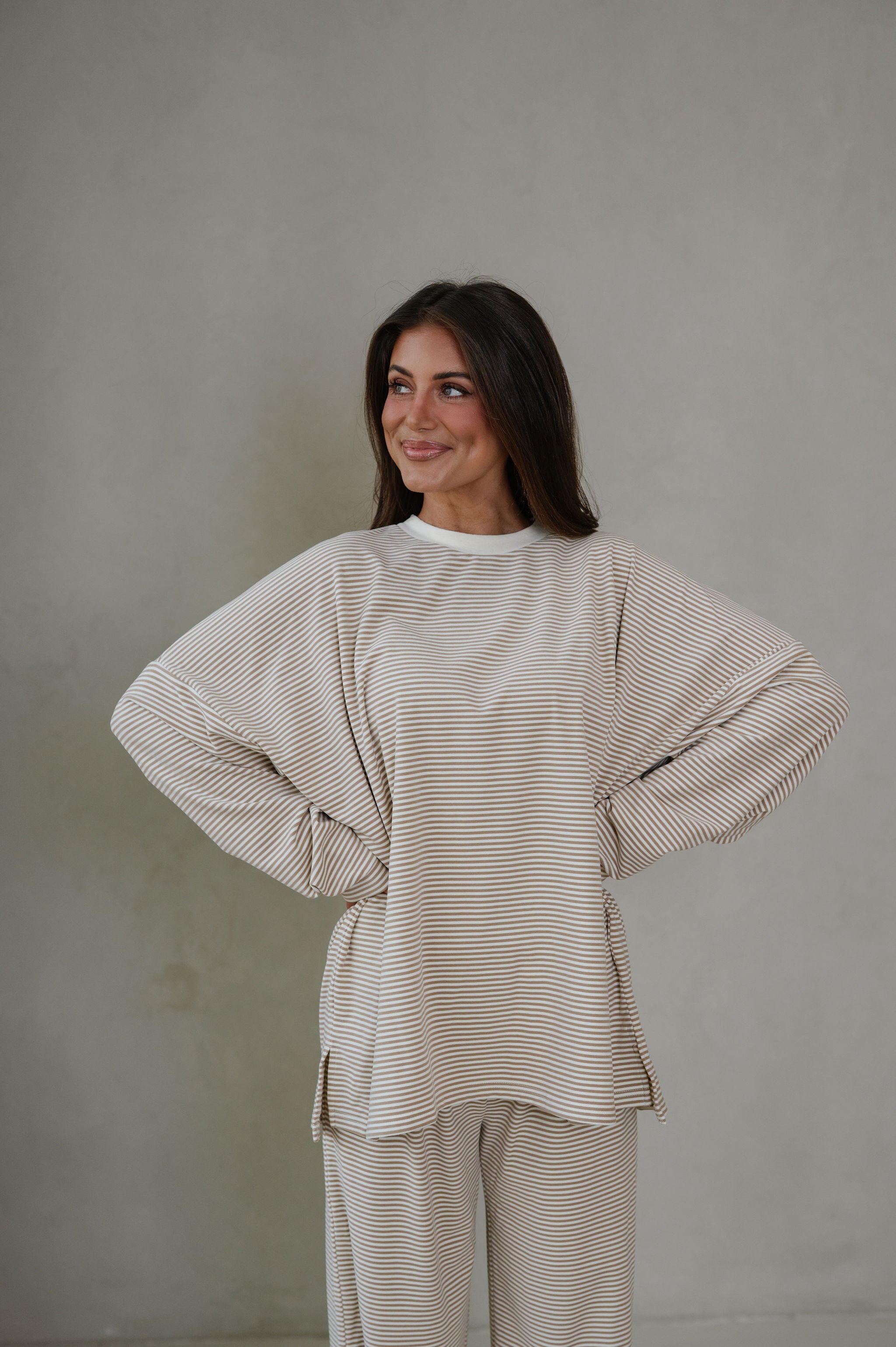Lincoln Striped Oversized Top-Beige