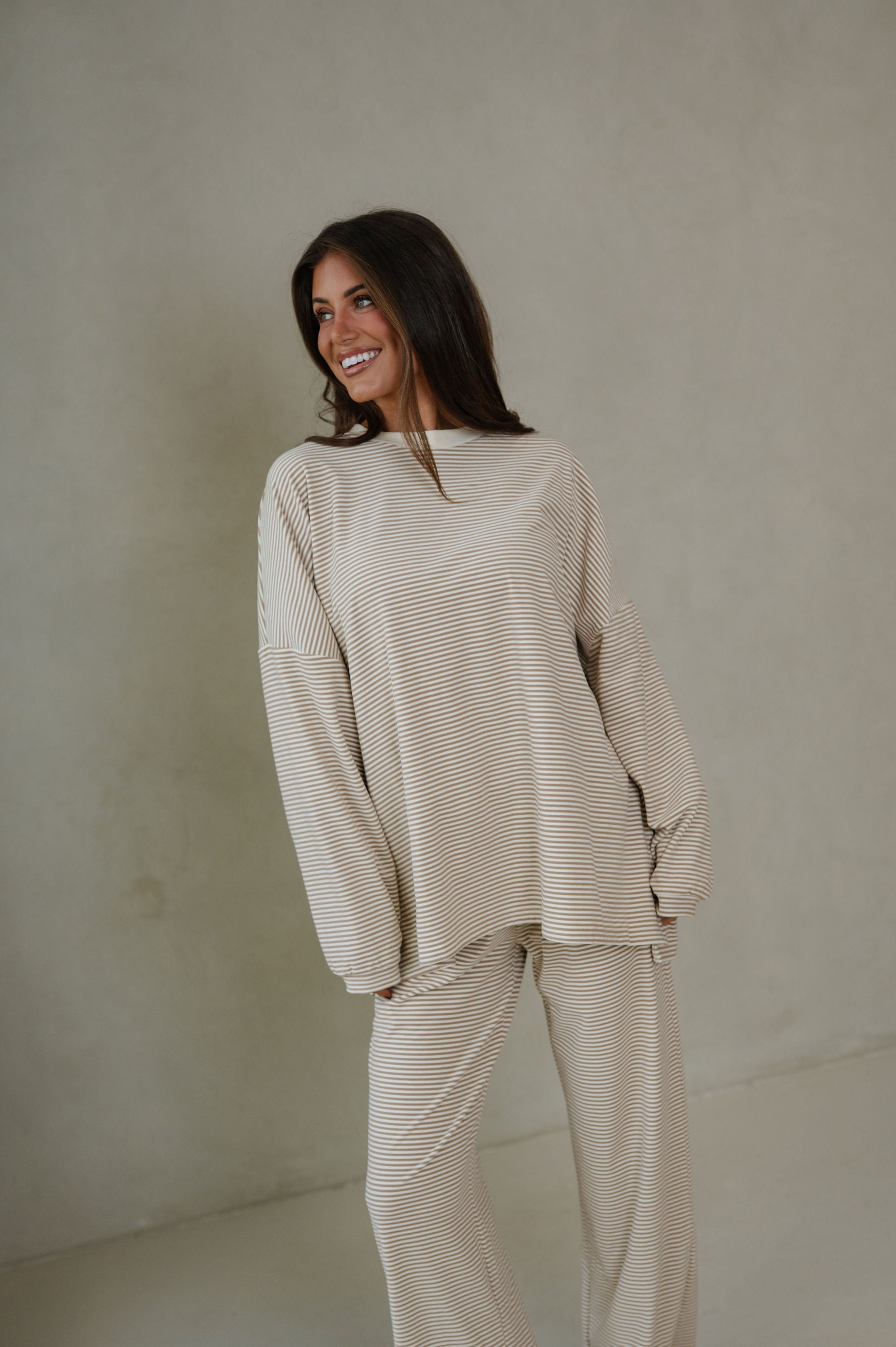 Lincoln Striped Oversized Top-Beige
