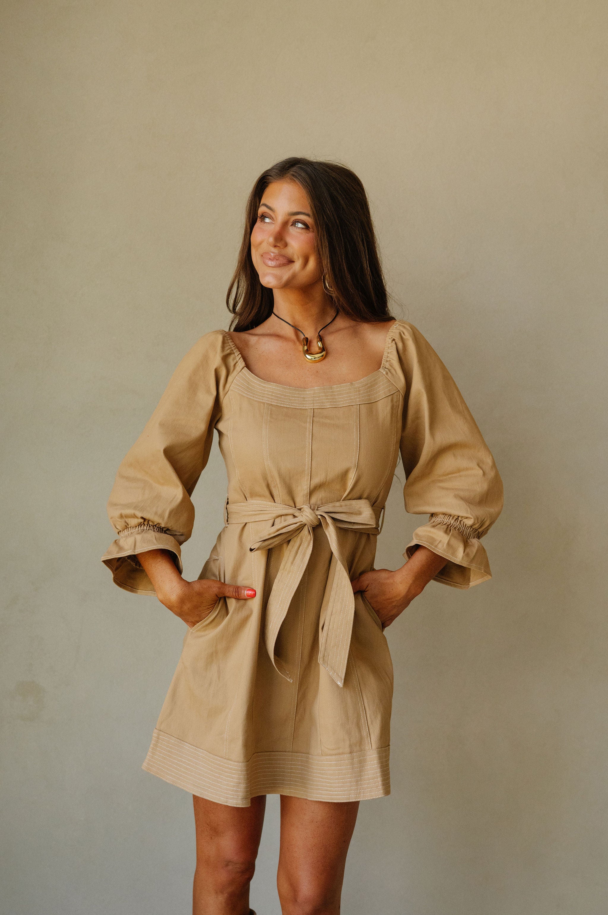 Linnie Square Neck Mini Dress-Camel
