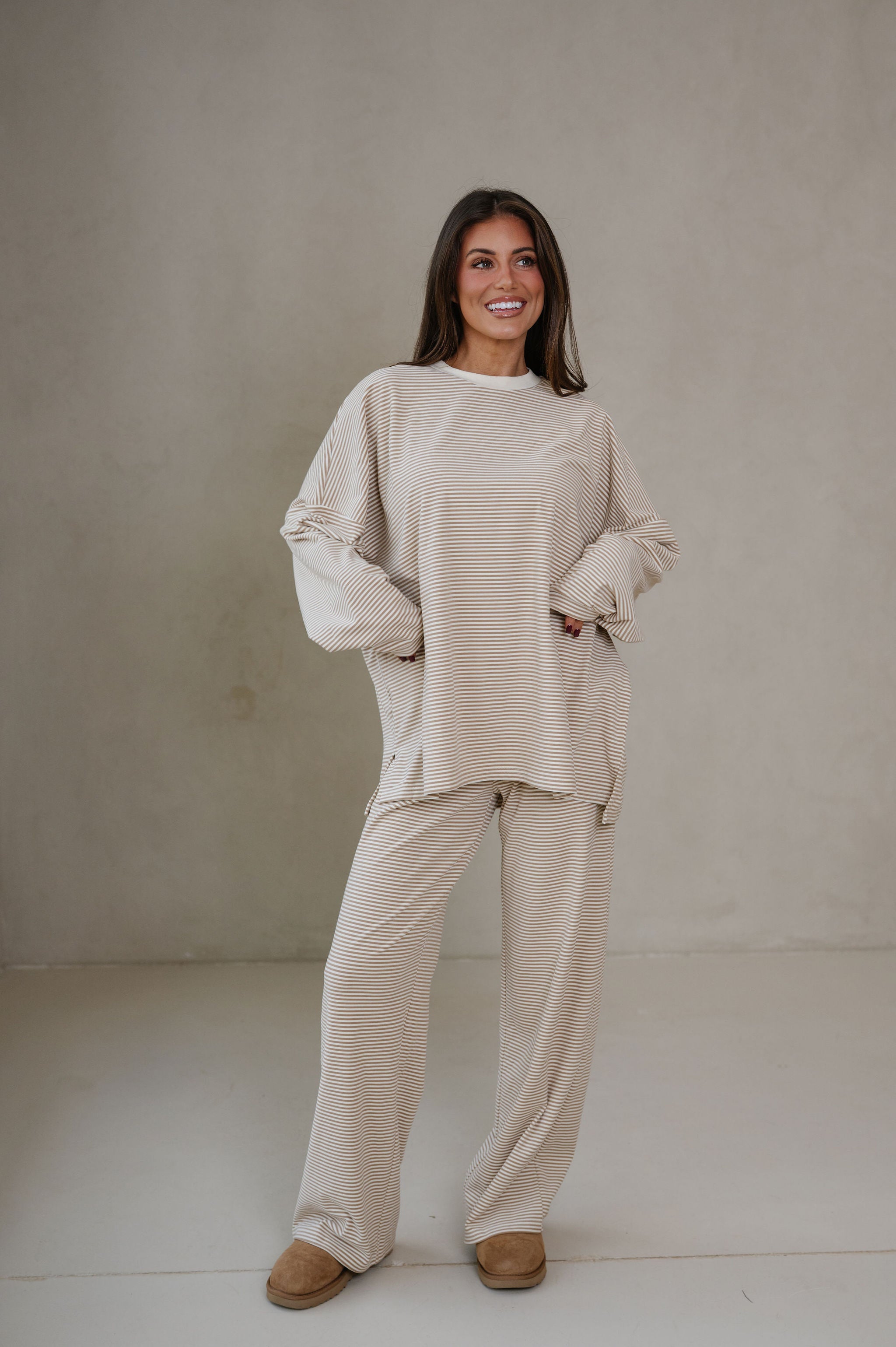 Lincoln Striped Oversized Top-Beige