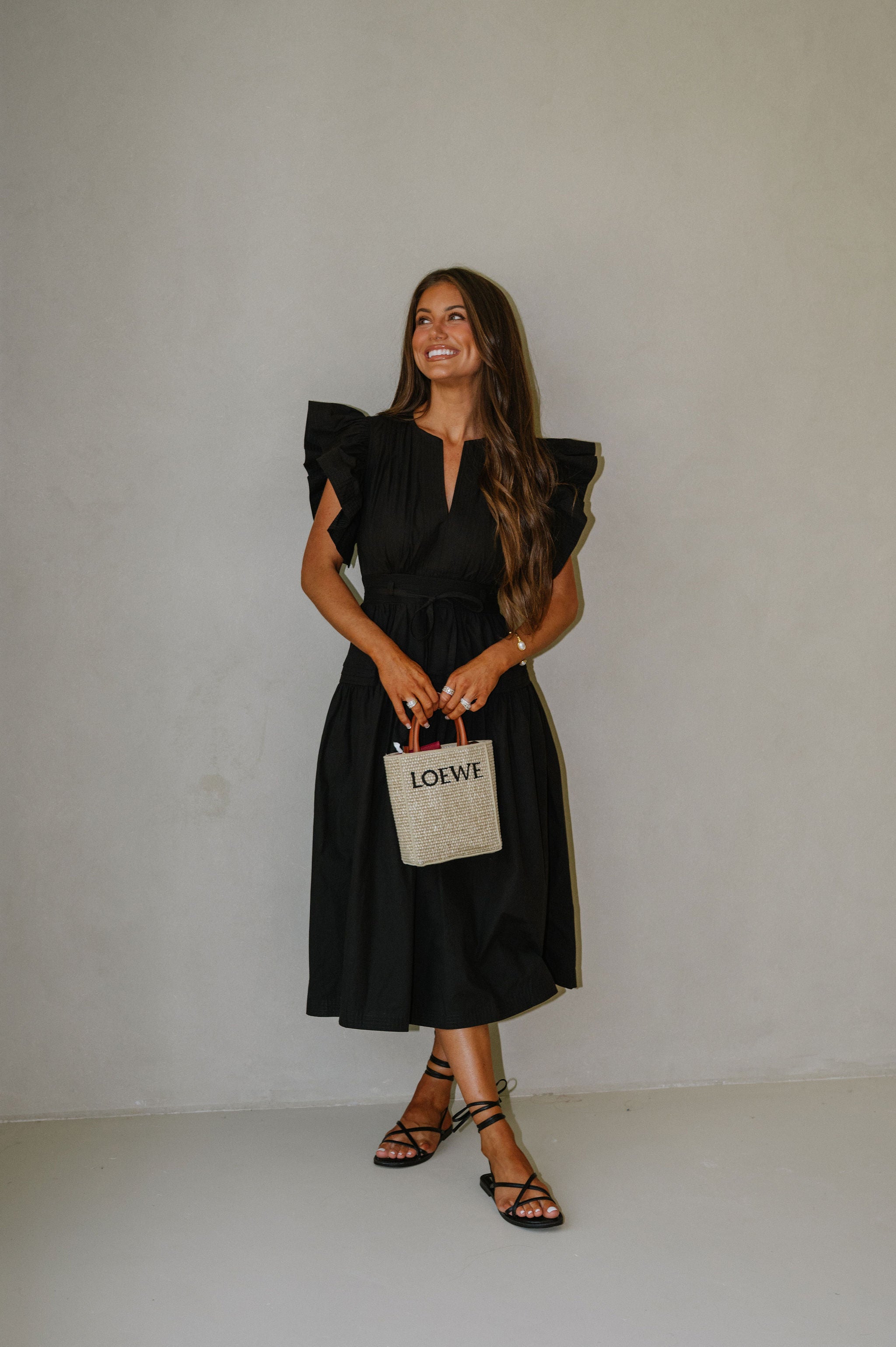 Luna Ruffle Poplin Midi Dress-Black