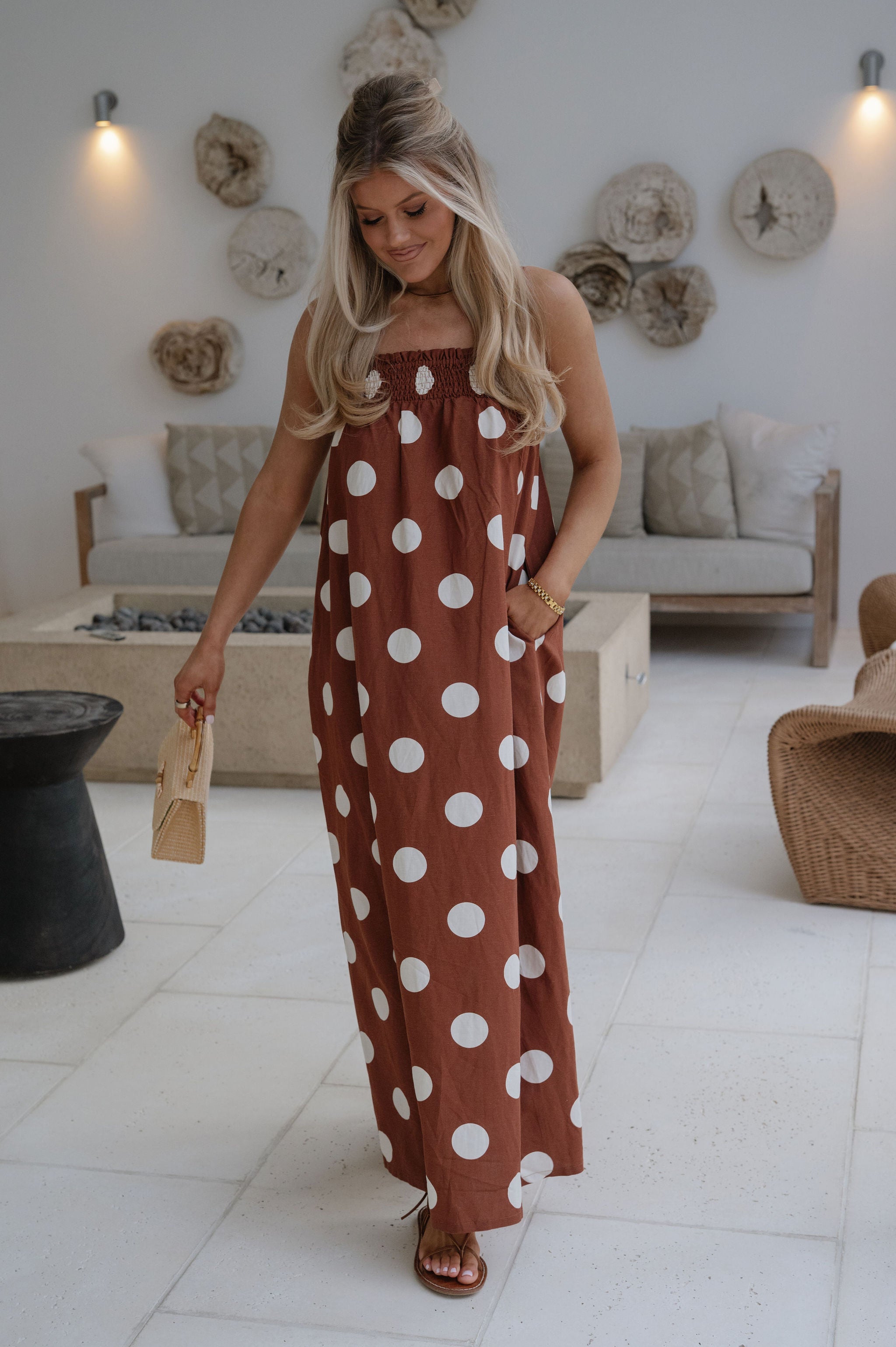 Miley Polka Dot Maxi Dress-Brown