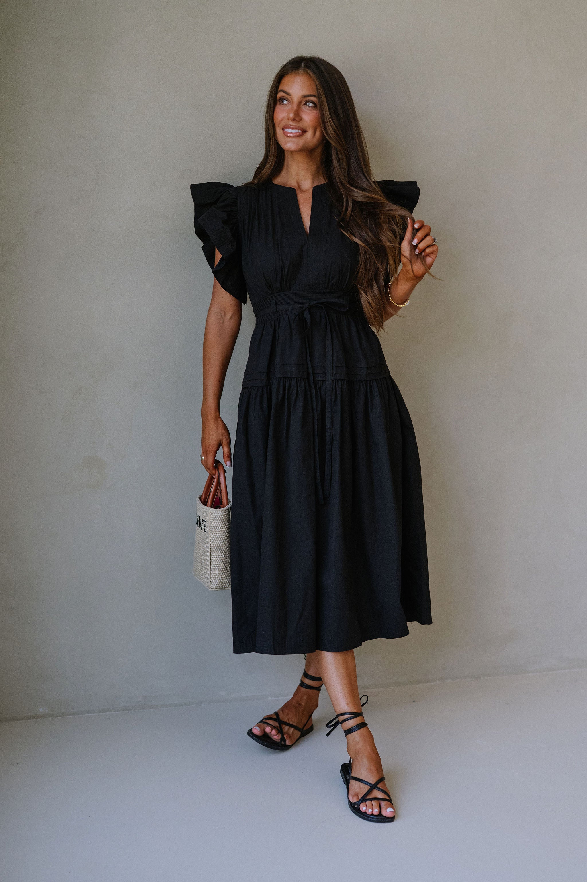 Luna Ruffle Poplin Midi Dress-Black