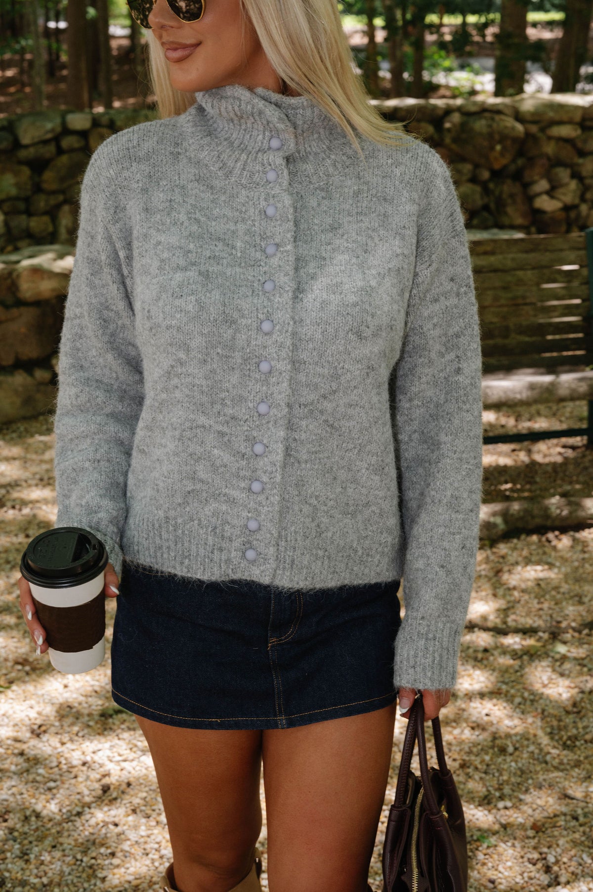 Blaire High Neck Cardigan-Grey