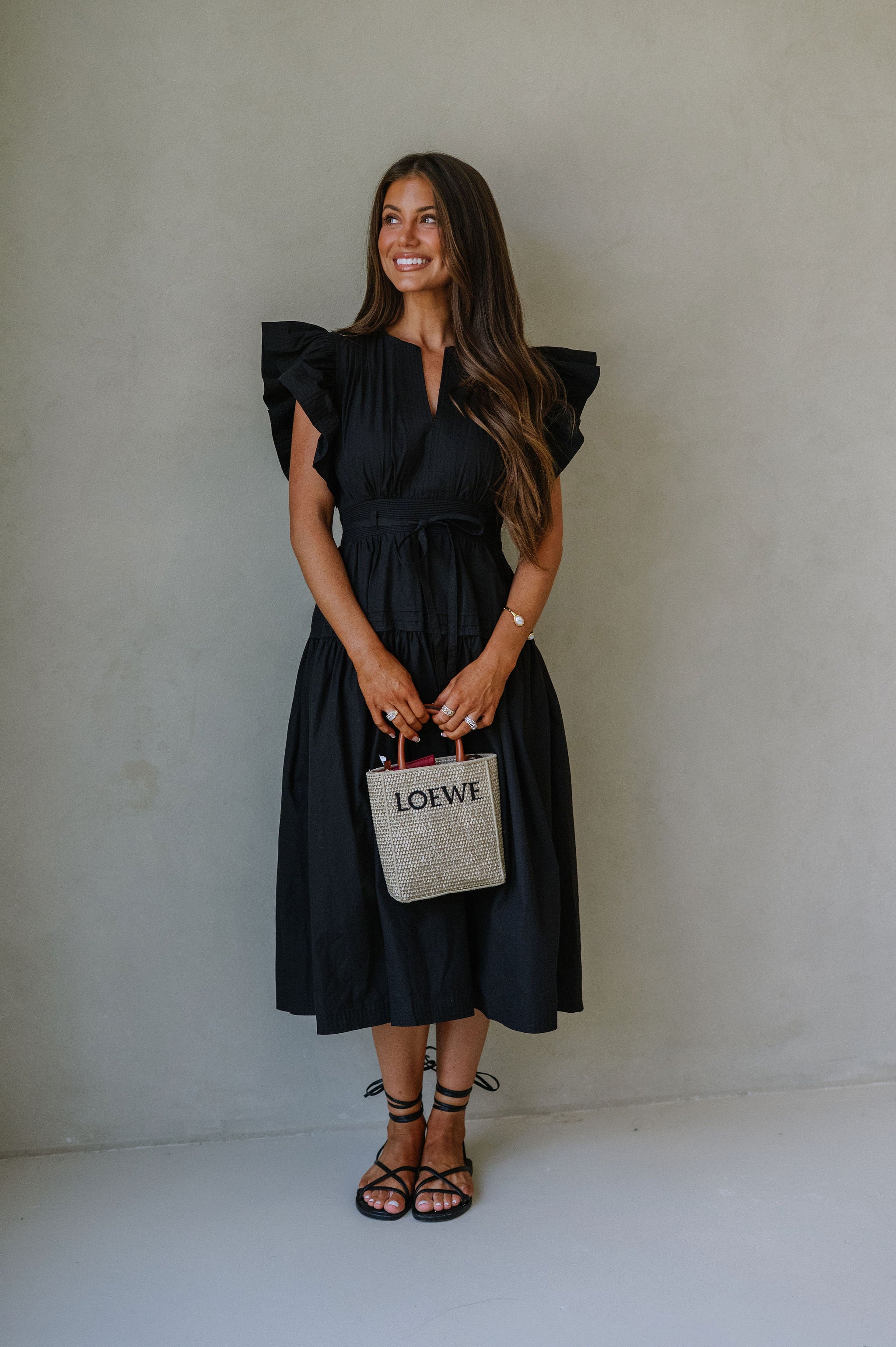 Luna Ruffle Poplin Midi Dress-Black