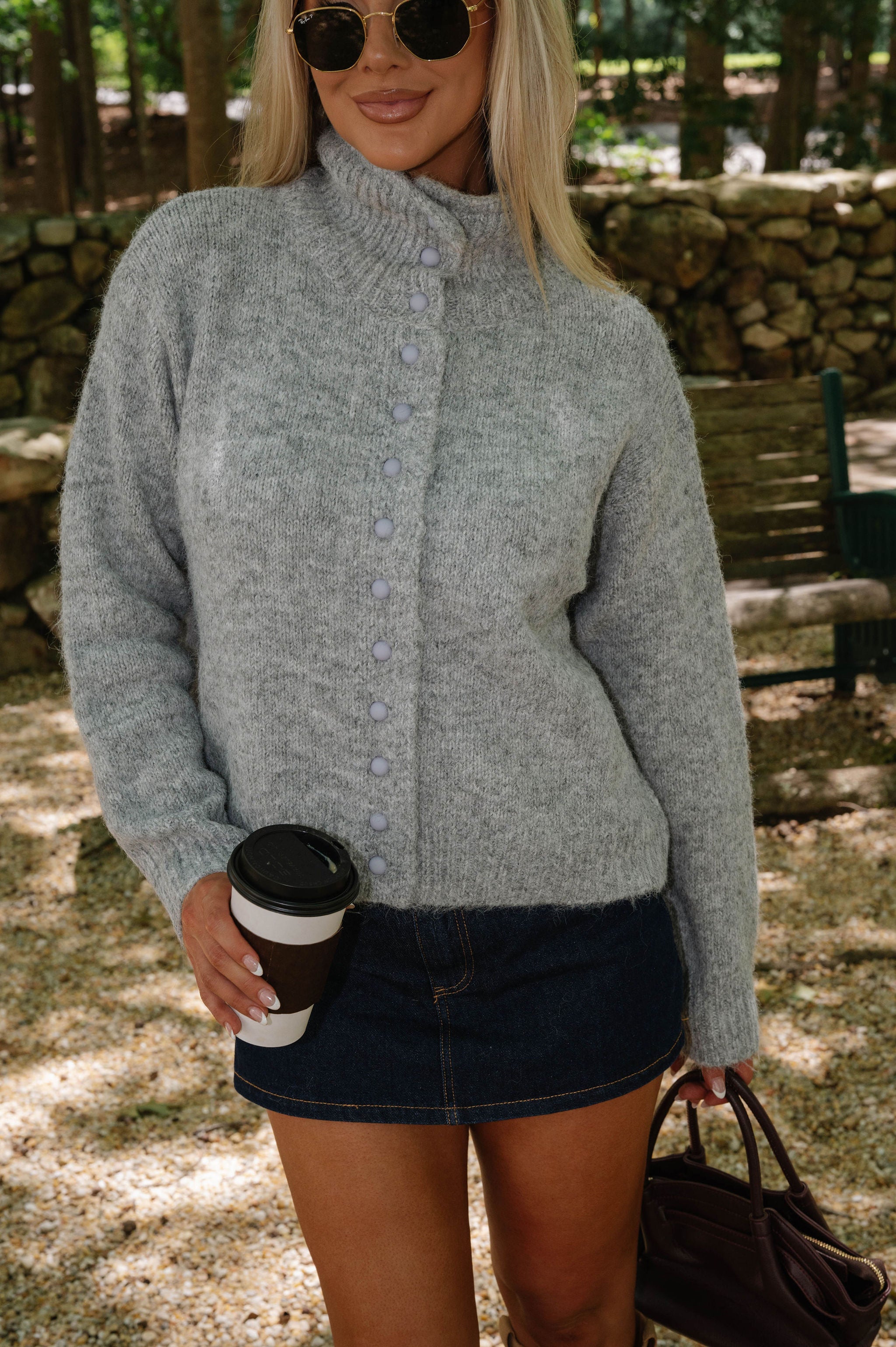 Blaire High Neck Cardigan-Grey