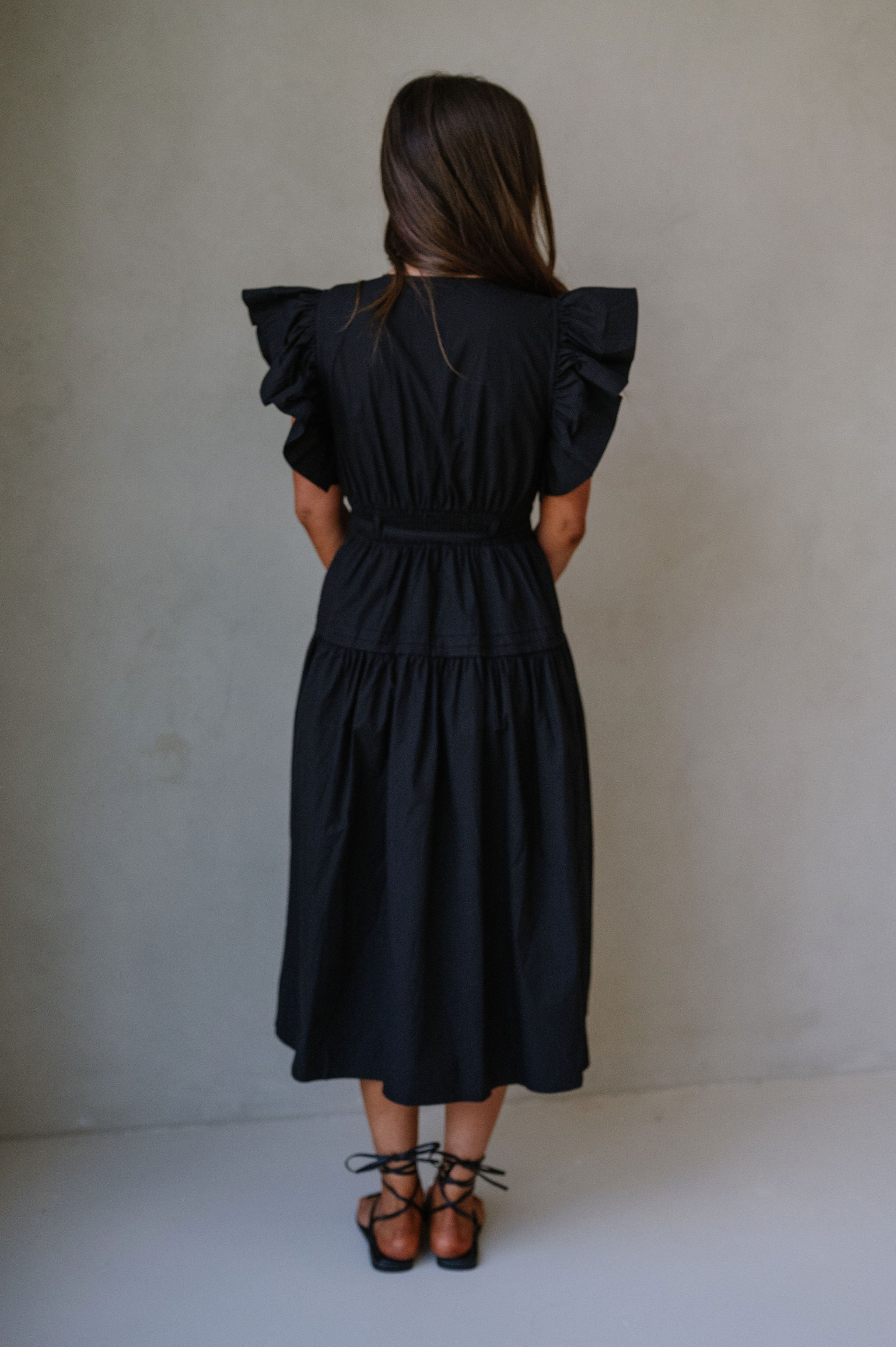 Luna Ruffle Poplin Midi Dress-Black