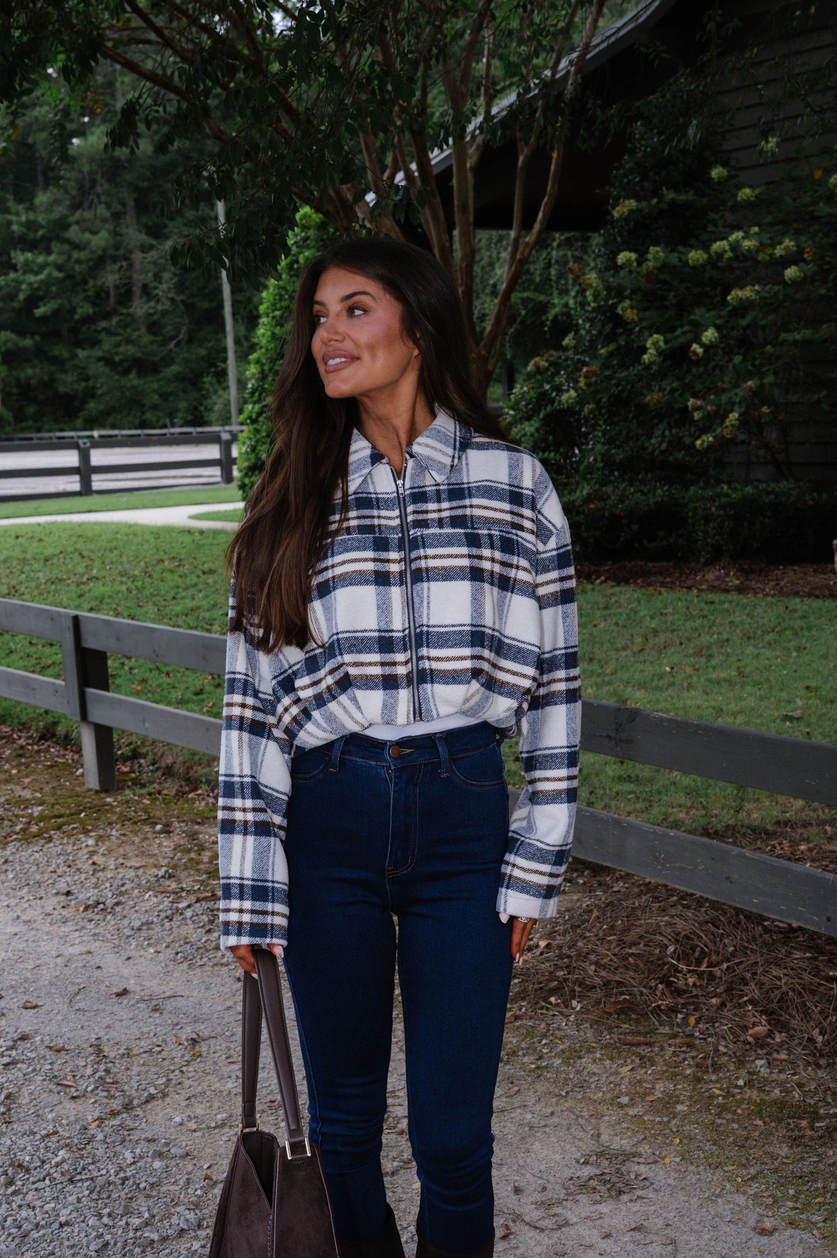 Darcy Flannel Pleated Cropped Jacket-Navy