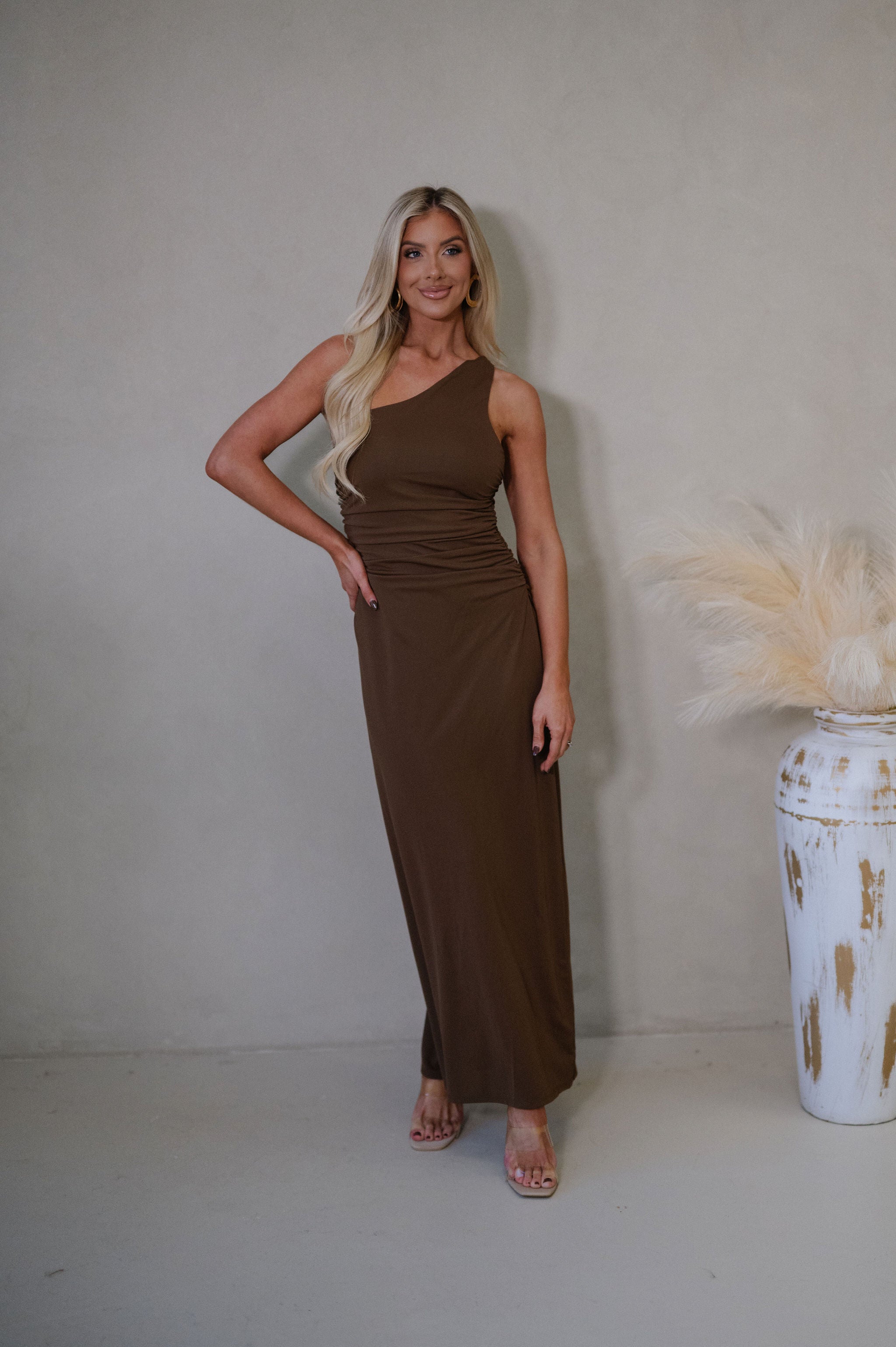 One Shoulder Back Buckle Dress-Brown