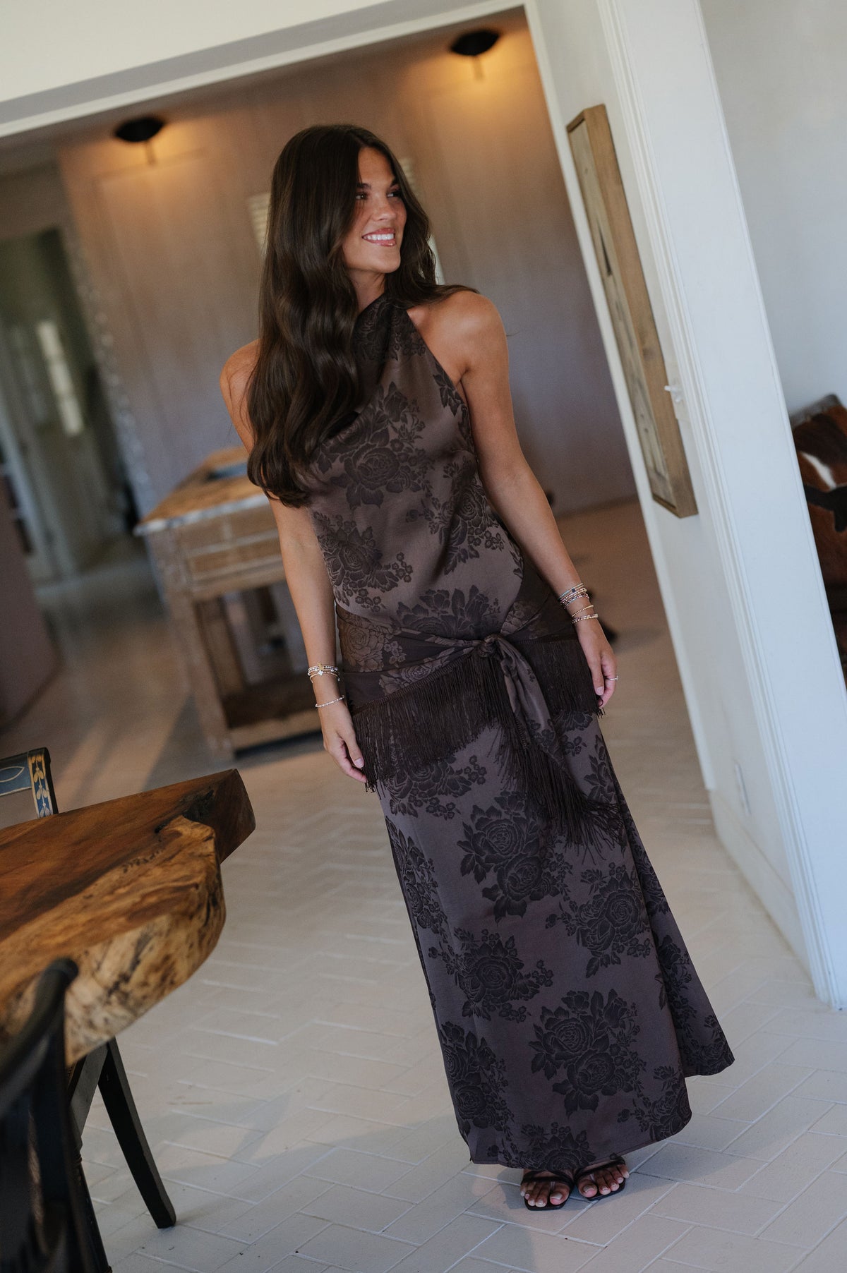 Jacquard Satin Halter Neck Maxi Dress-Dark Brown