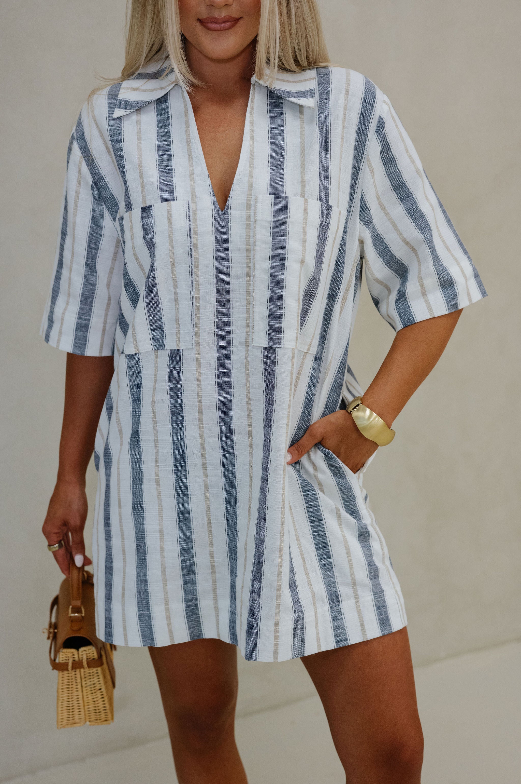 Caitlin Striped Dress-Navy/Khaki