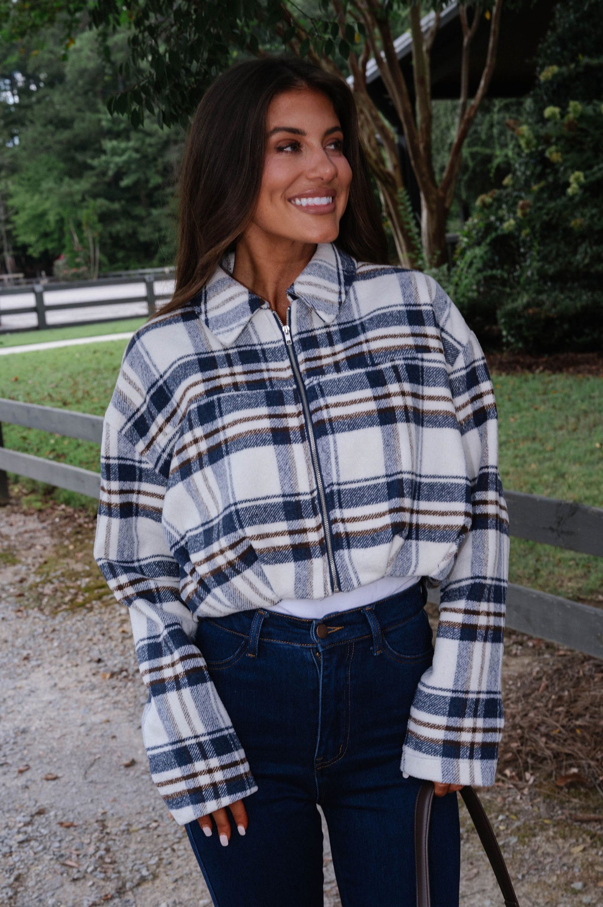 Darcy Flannel Pleated Cropped Jacket-Navy