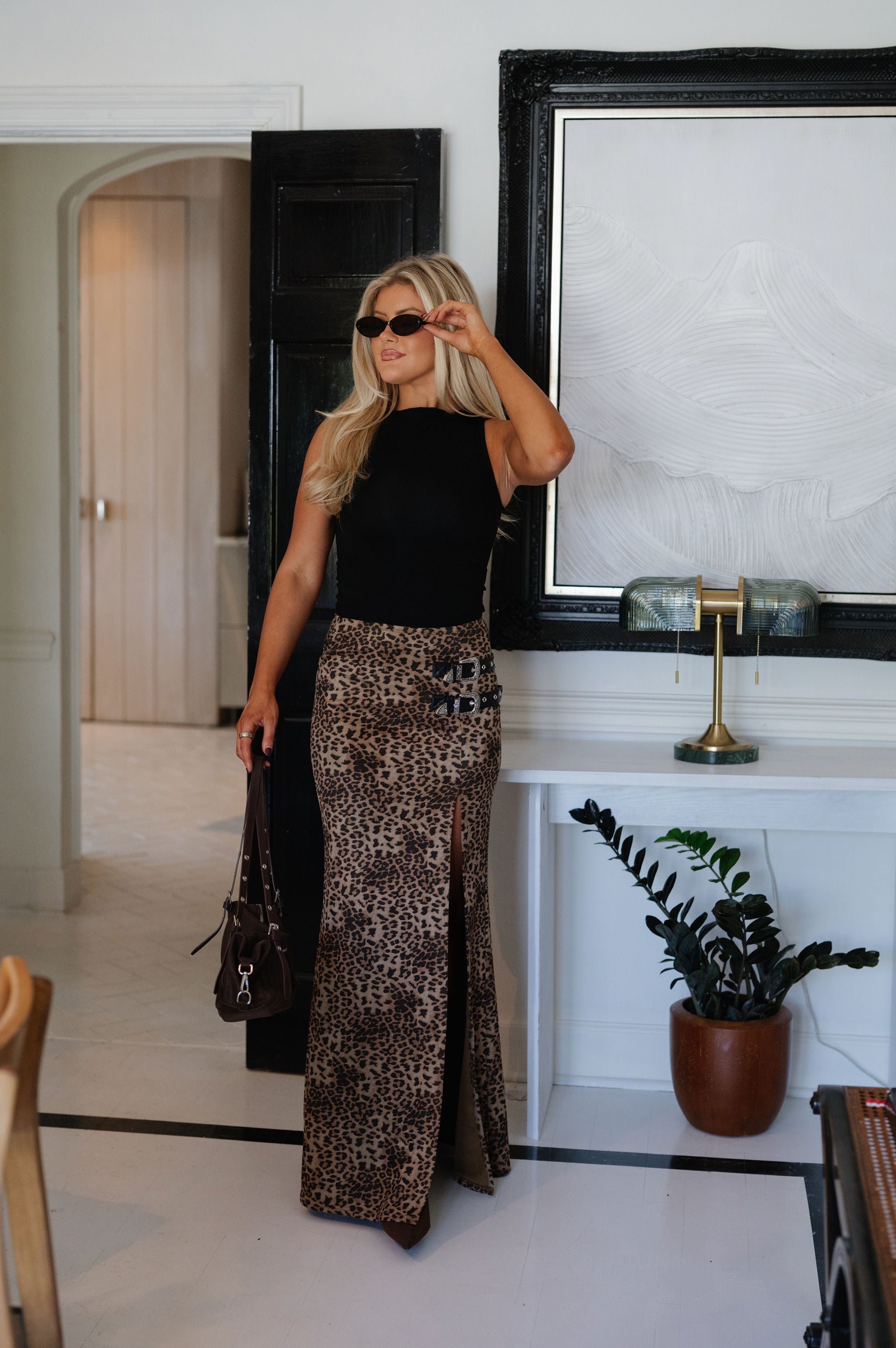 Leopard Double Buckle Maxi Skirt