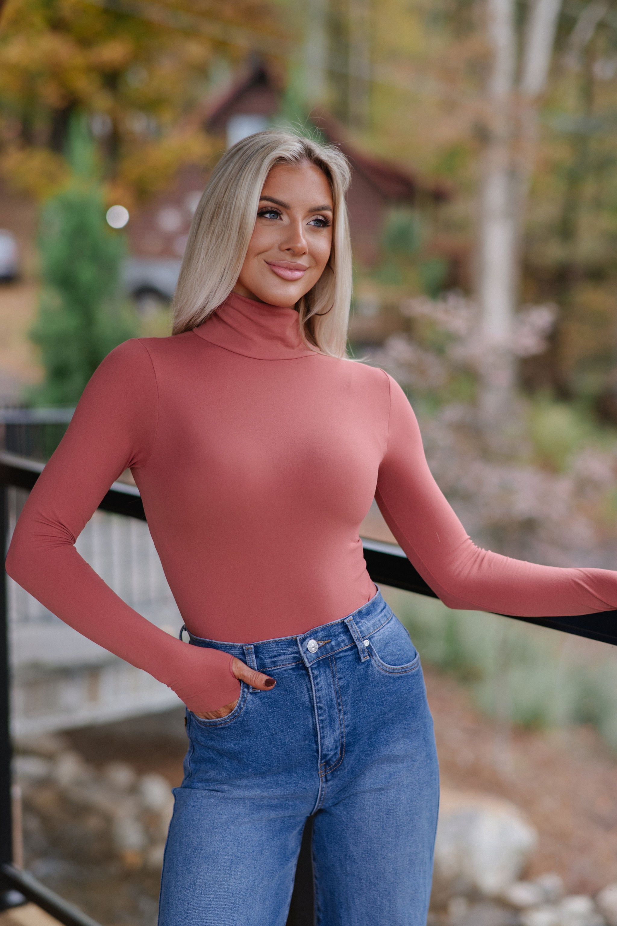 London Mock Neck Bodysuit-Rust