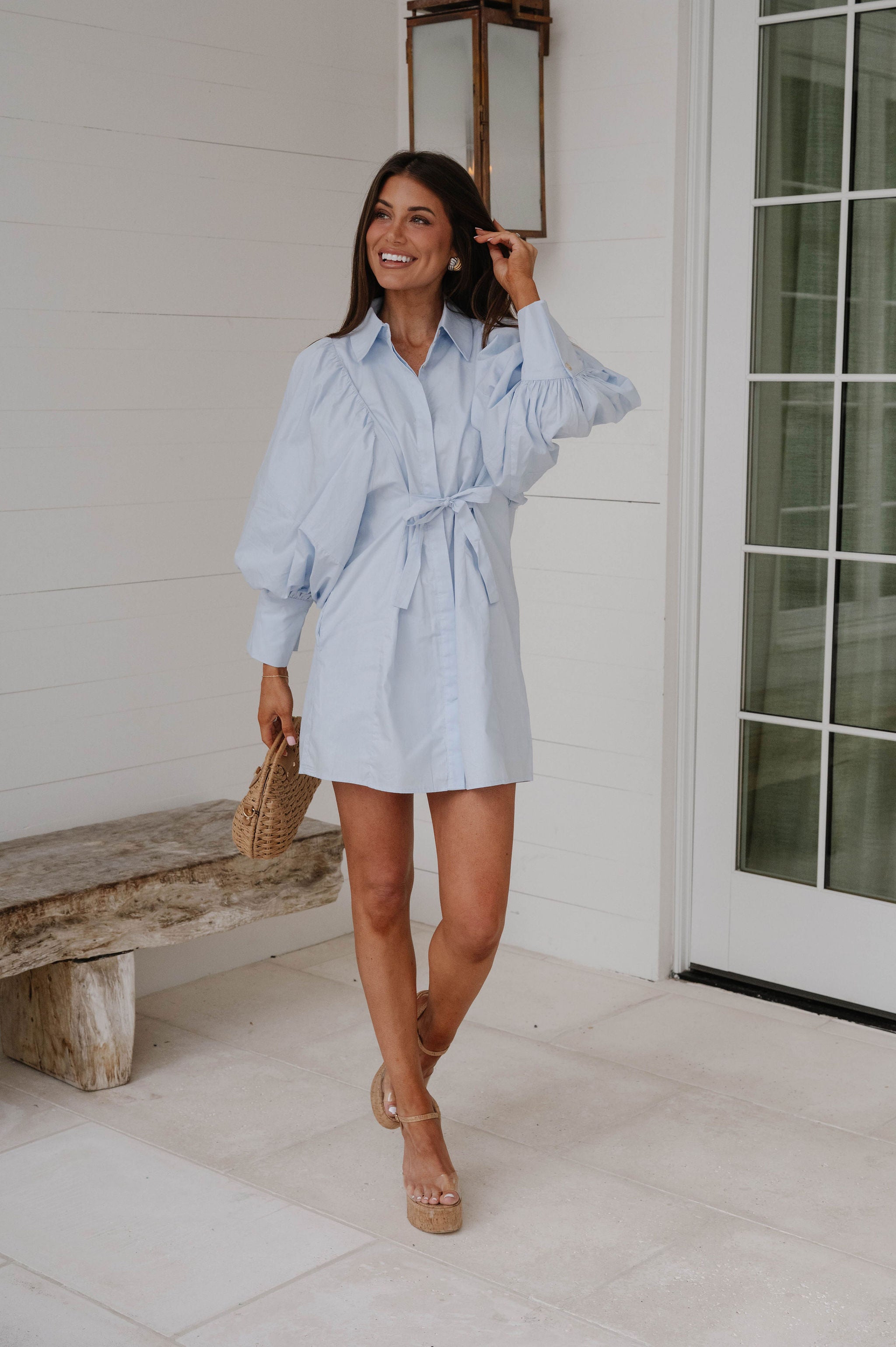 Puff Sleeve Mini Poplin Dress-Soft Blue