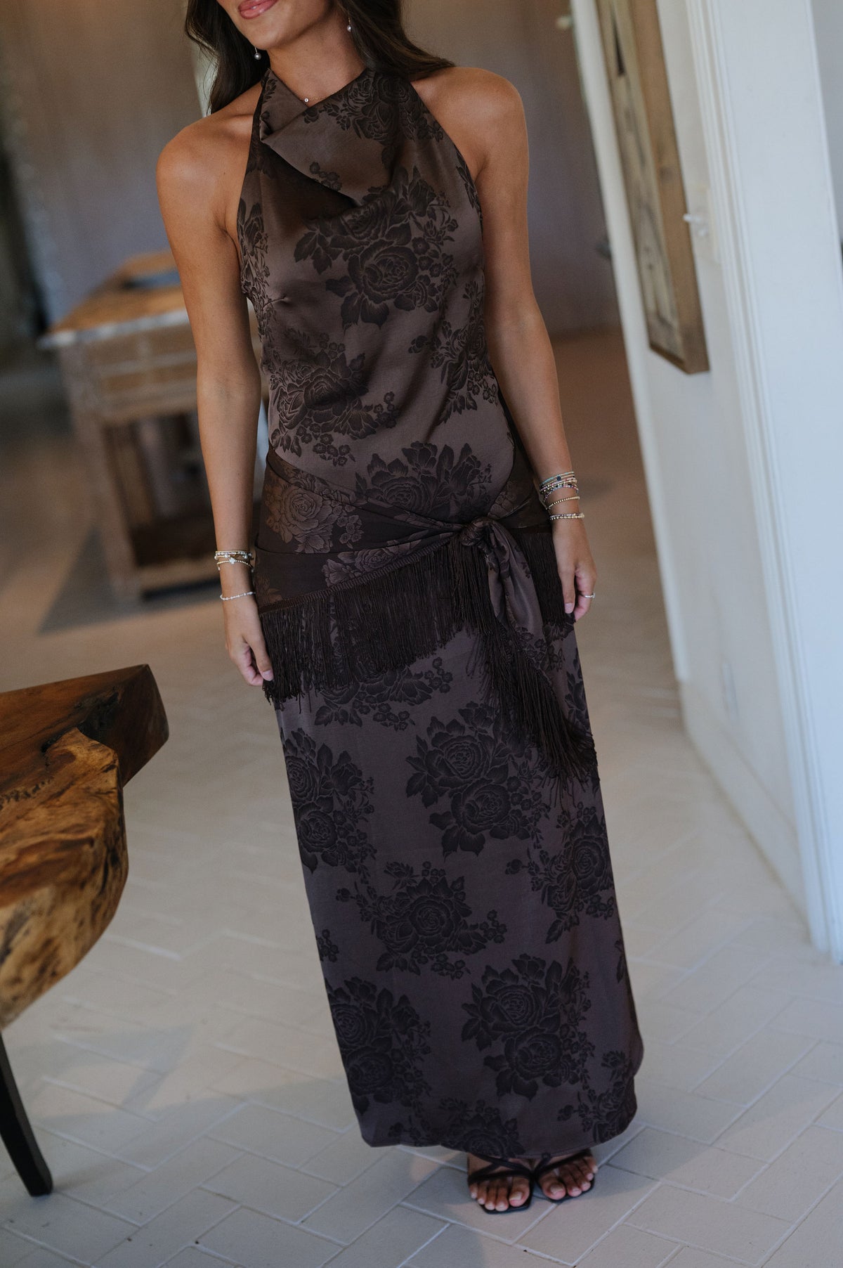 Jacquard Satin Halter Neck Maxi Dress-Dark Brown