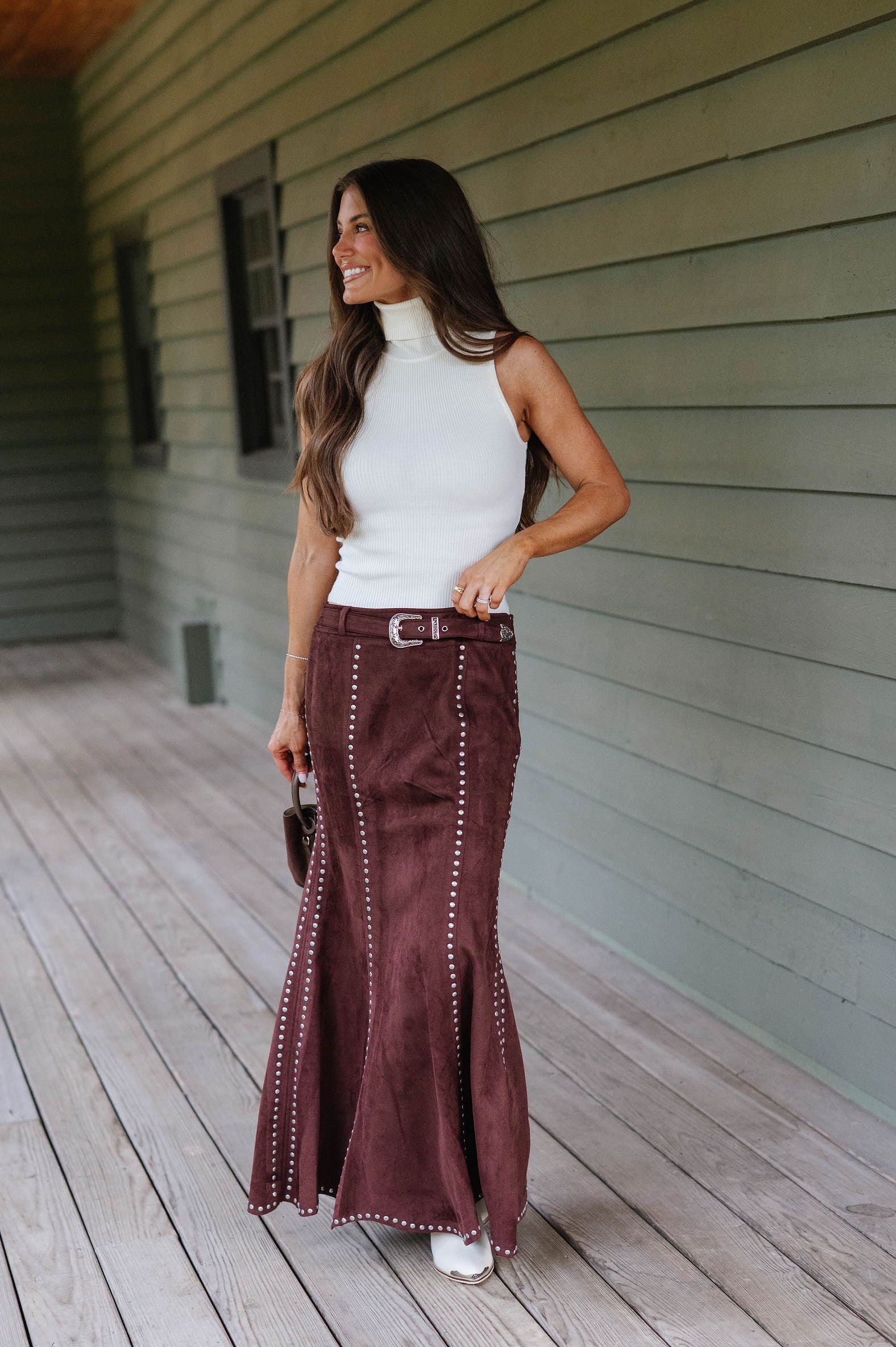Stephanie Suede Studded Maxi Skirt-Brown