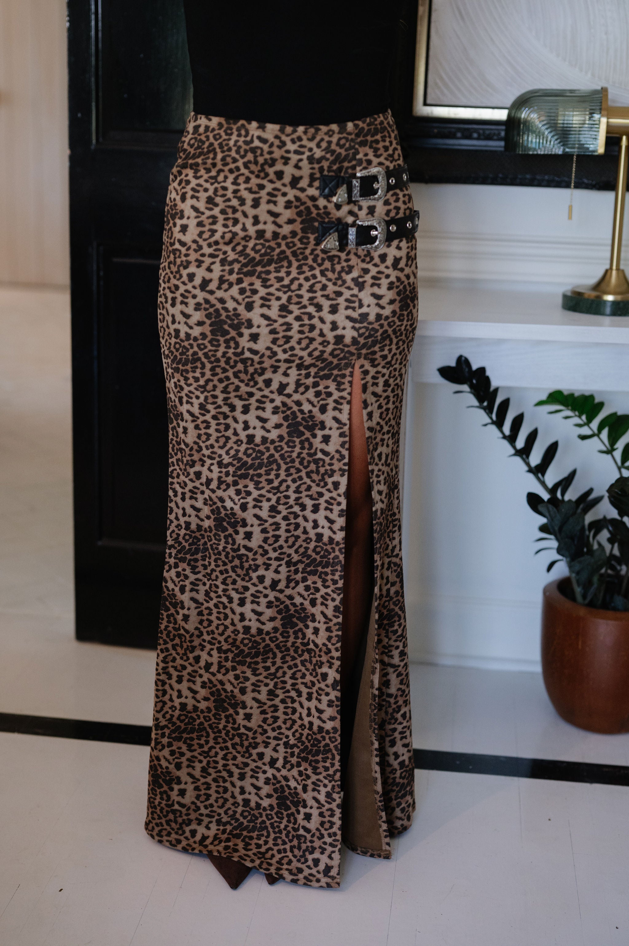 Leopard Double Buckle Maxi Skirt