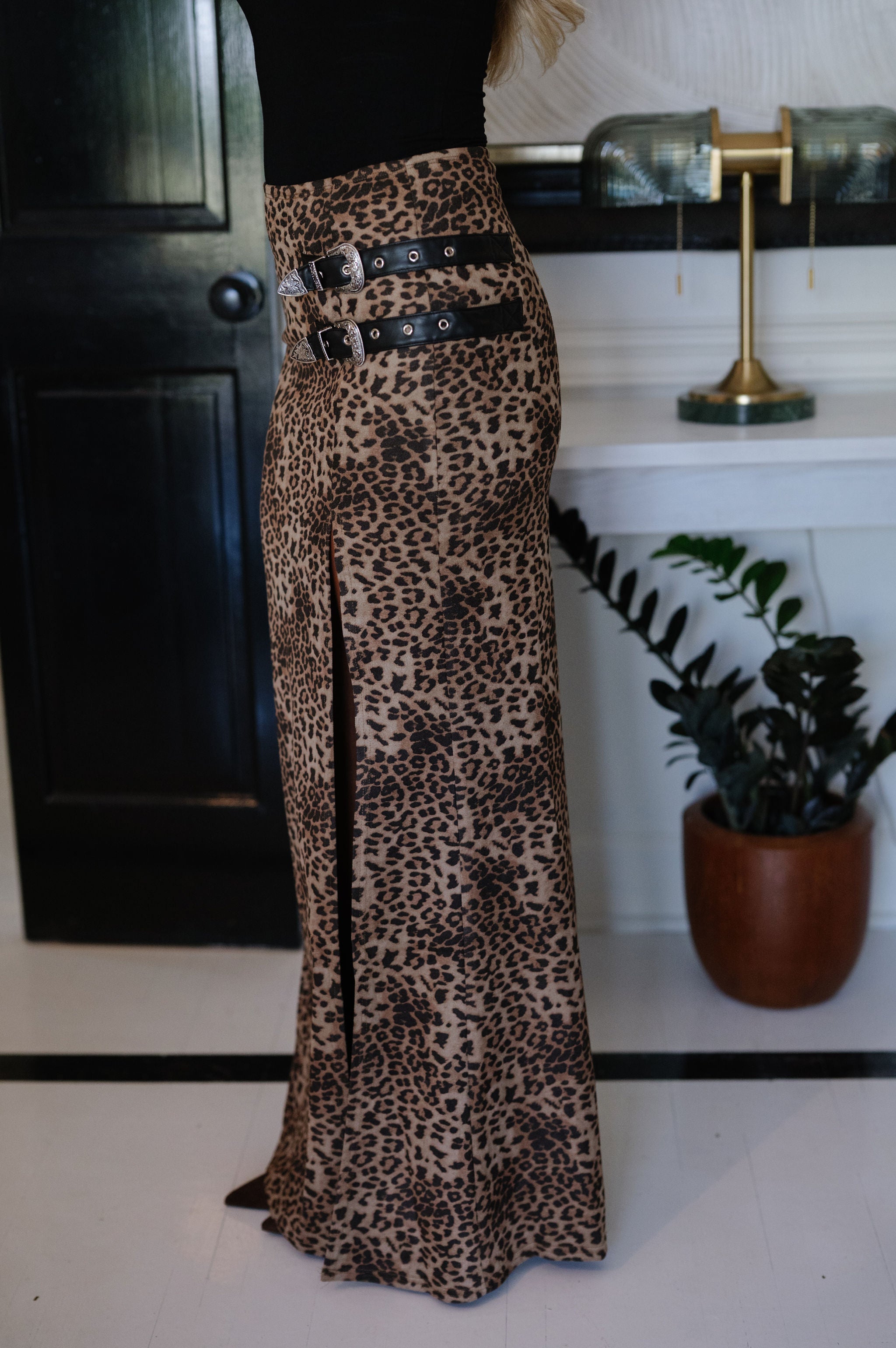 Leopard Double Buckle Maxi Skirt
