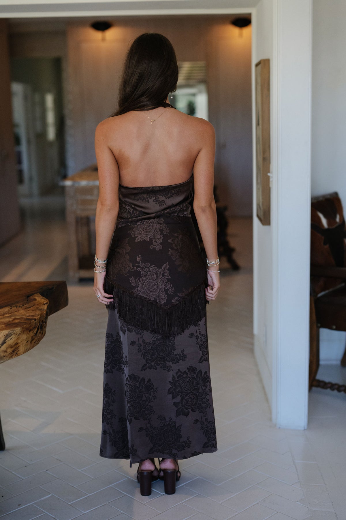 Jacquard Satin Halter Neck Maxi Dress-Dark Brown