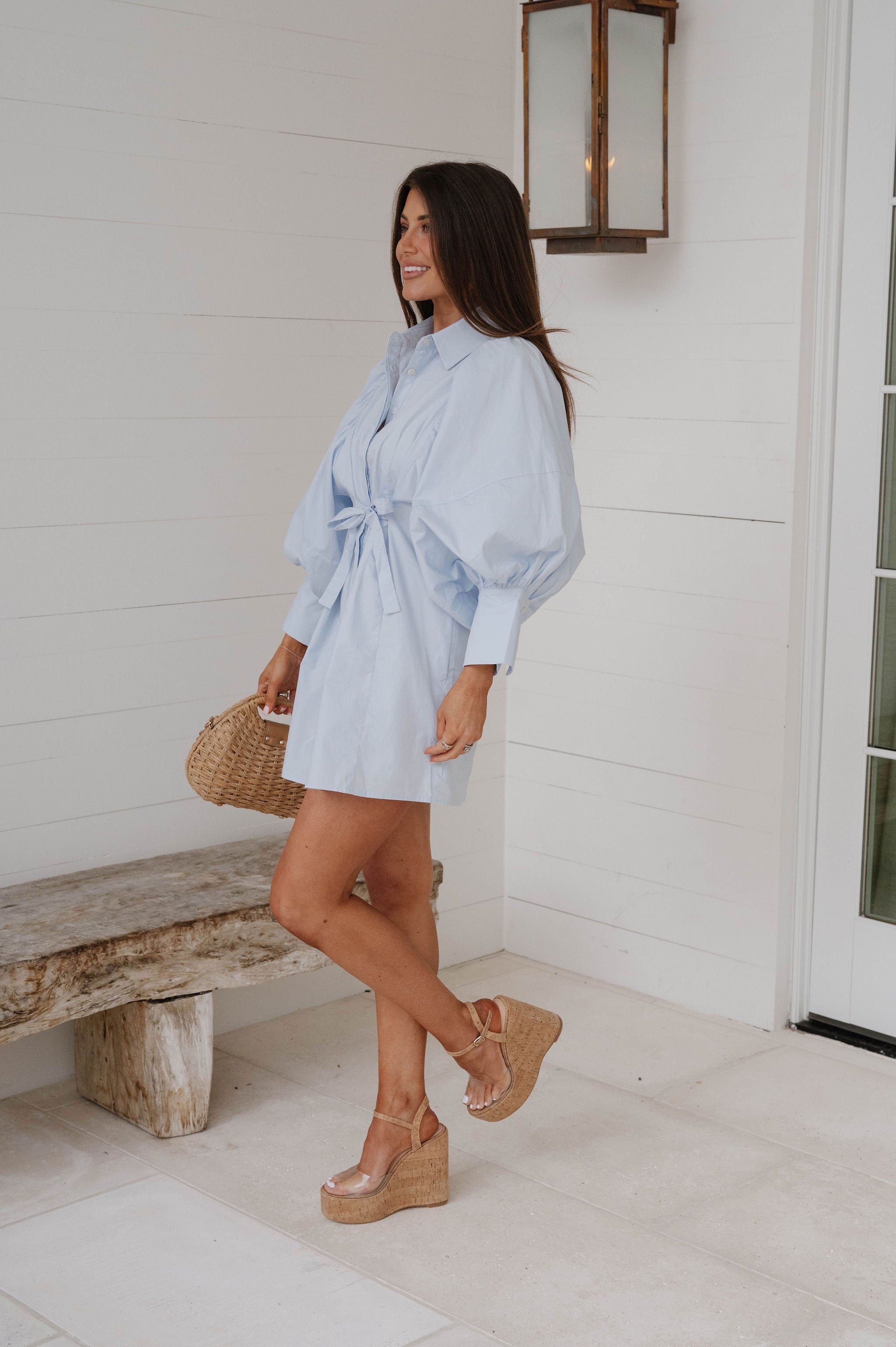 Puff Sleeve Mini Poplin Dress-Soft Blue