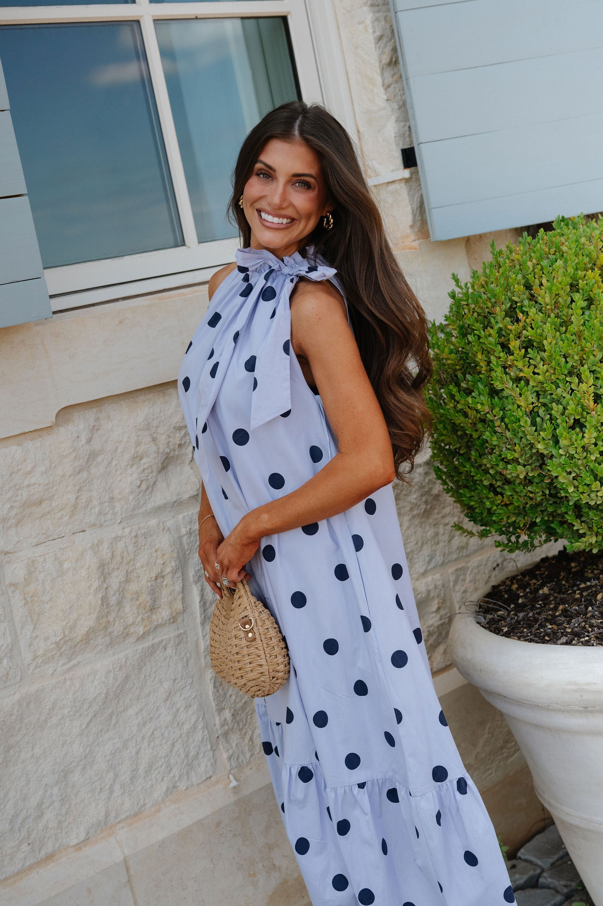 Ruffle Neck Midi Dress-Navy Polka Dot