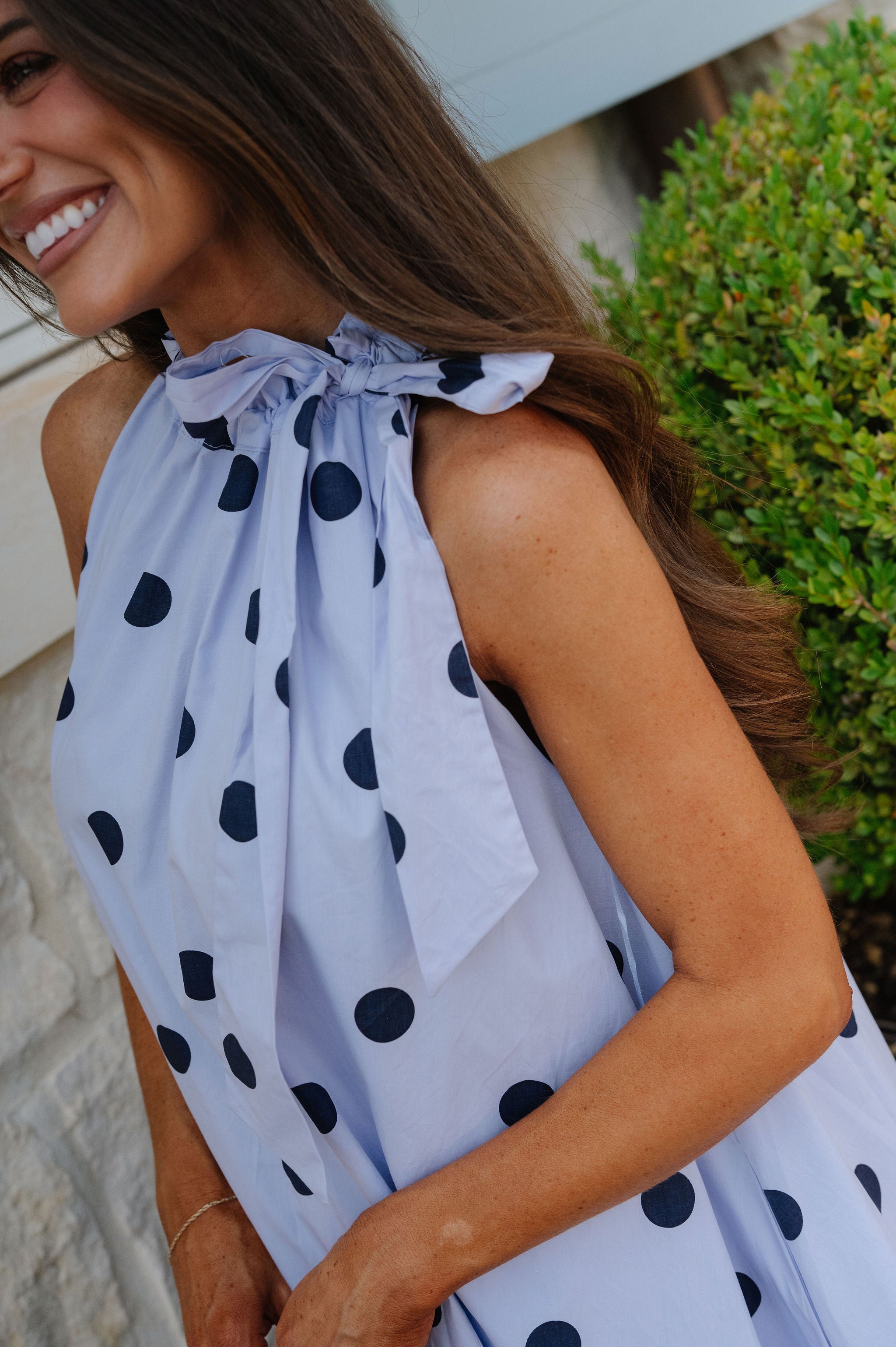 Ruffle Neck Midi Dress-Navy Polka Dot