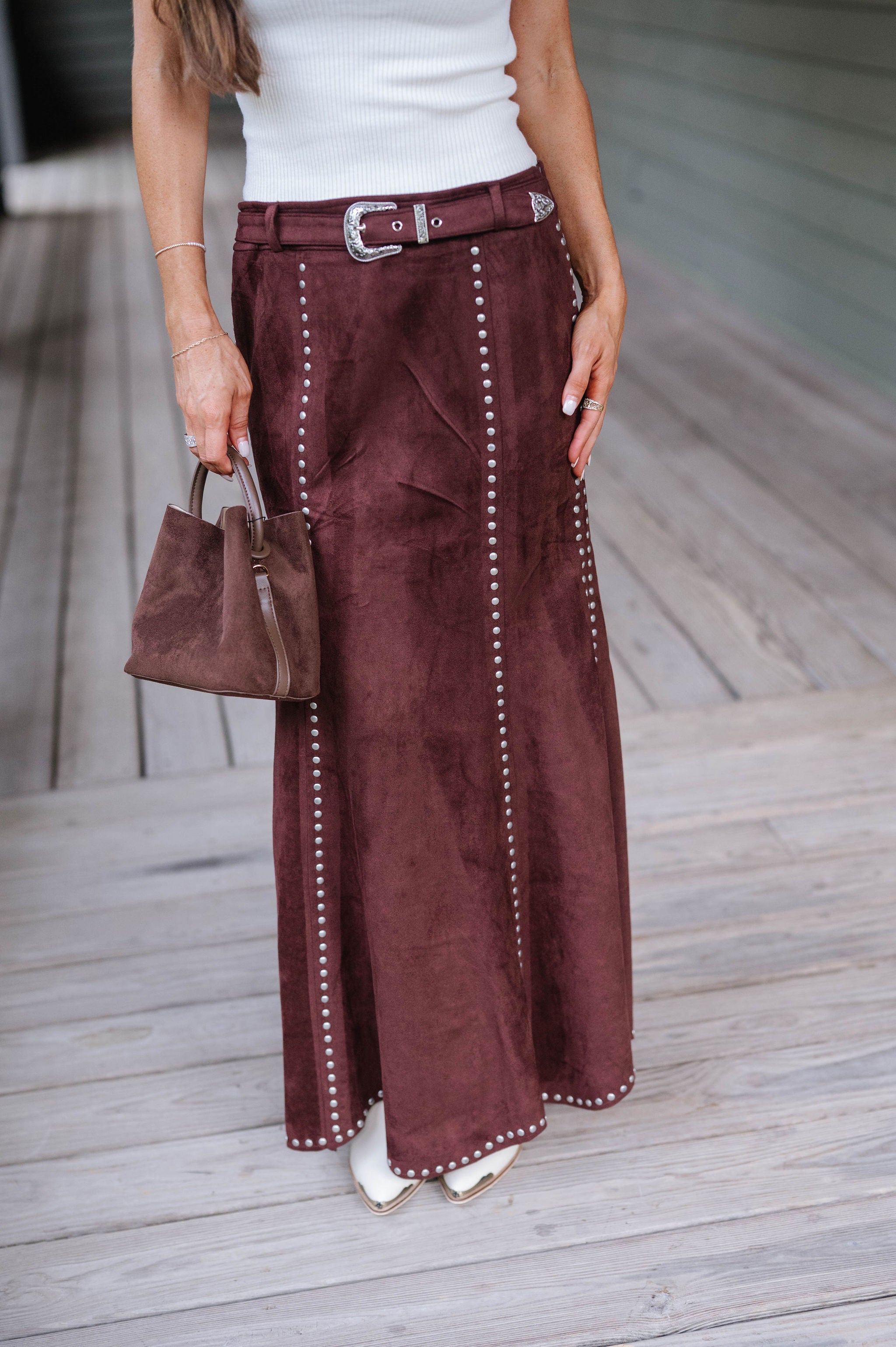Stephanie Suede Studded Maxi Skirt-Brown