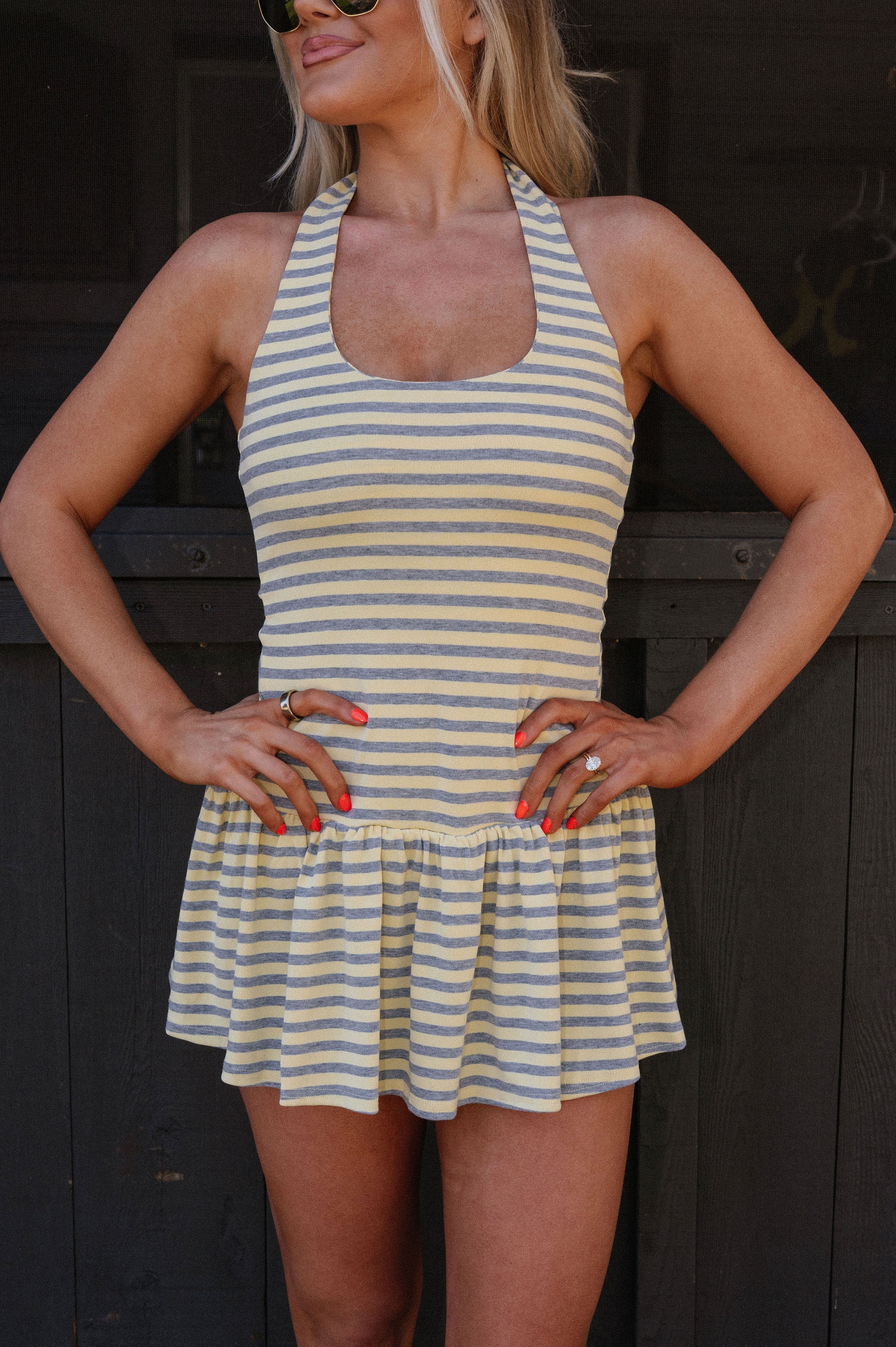 Anna Striped Halter Mini Dress-Yellow
