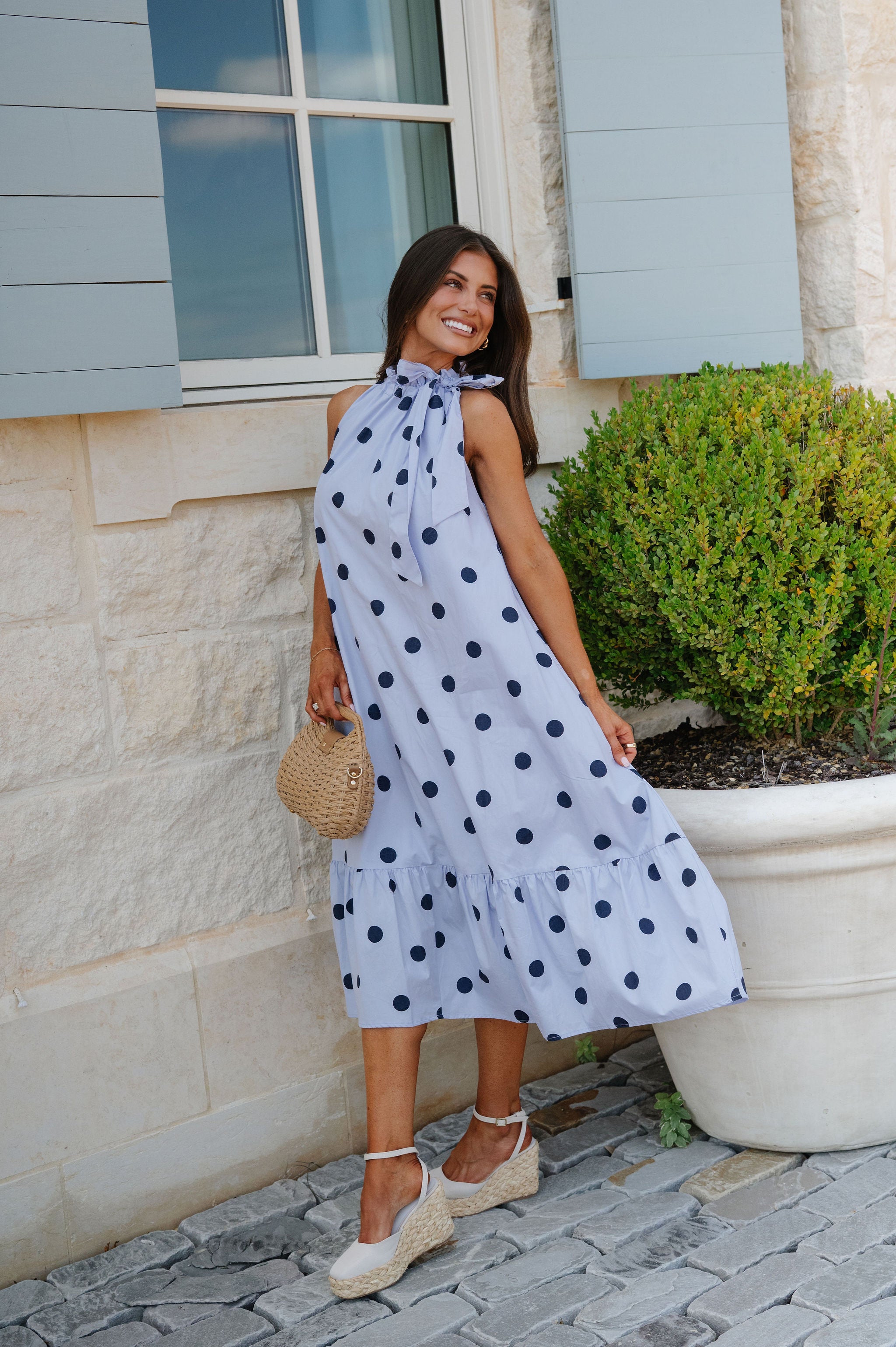 Ruffle Neck Midi Dress-Navy Polka Dot