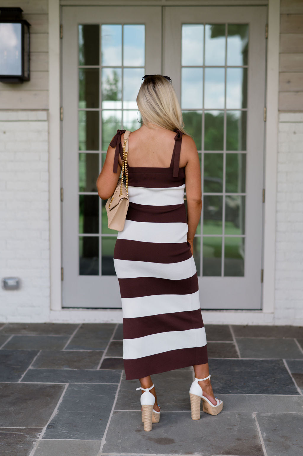 Aussie Bow Shoulder Striped Midi Dress- Brown