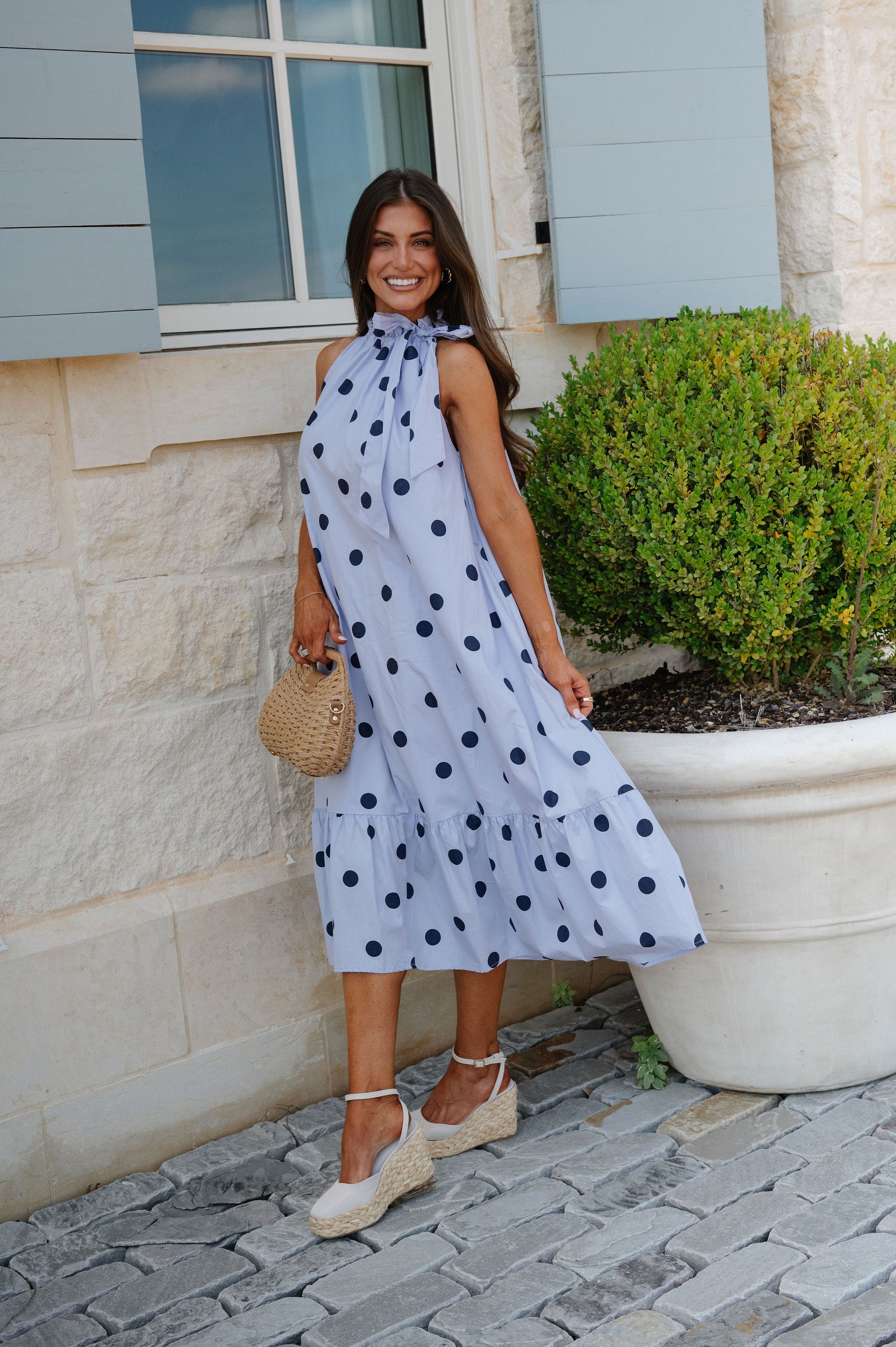 Ruffle Neck Midi Dress-Navy Polka Dot