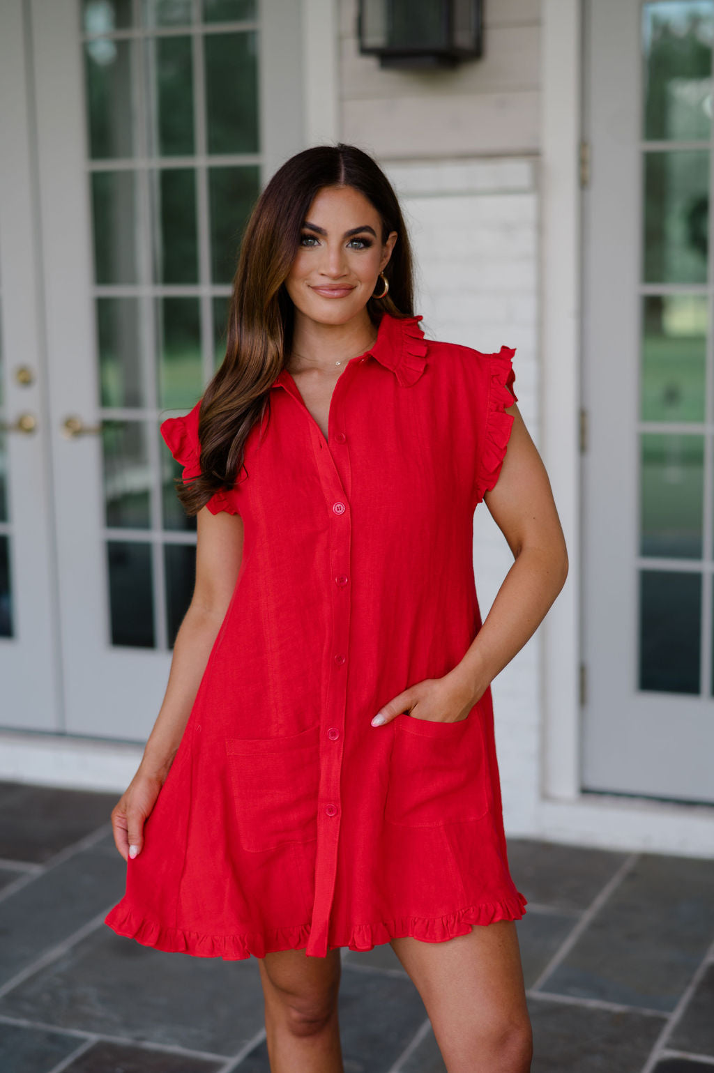 Lucille Linen Ruffle Dress-Red