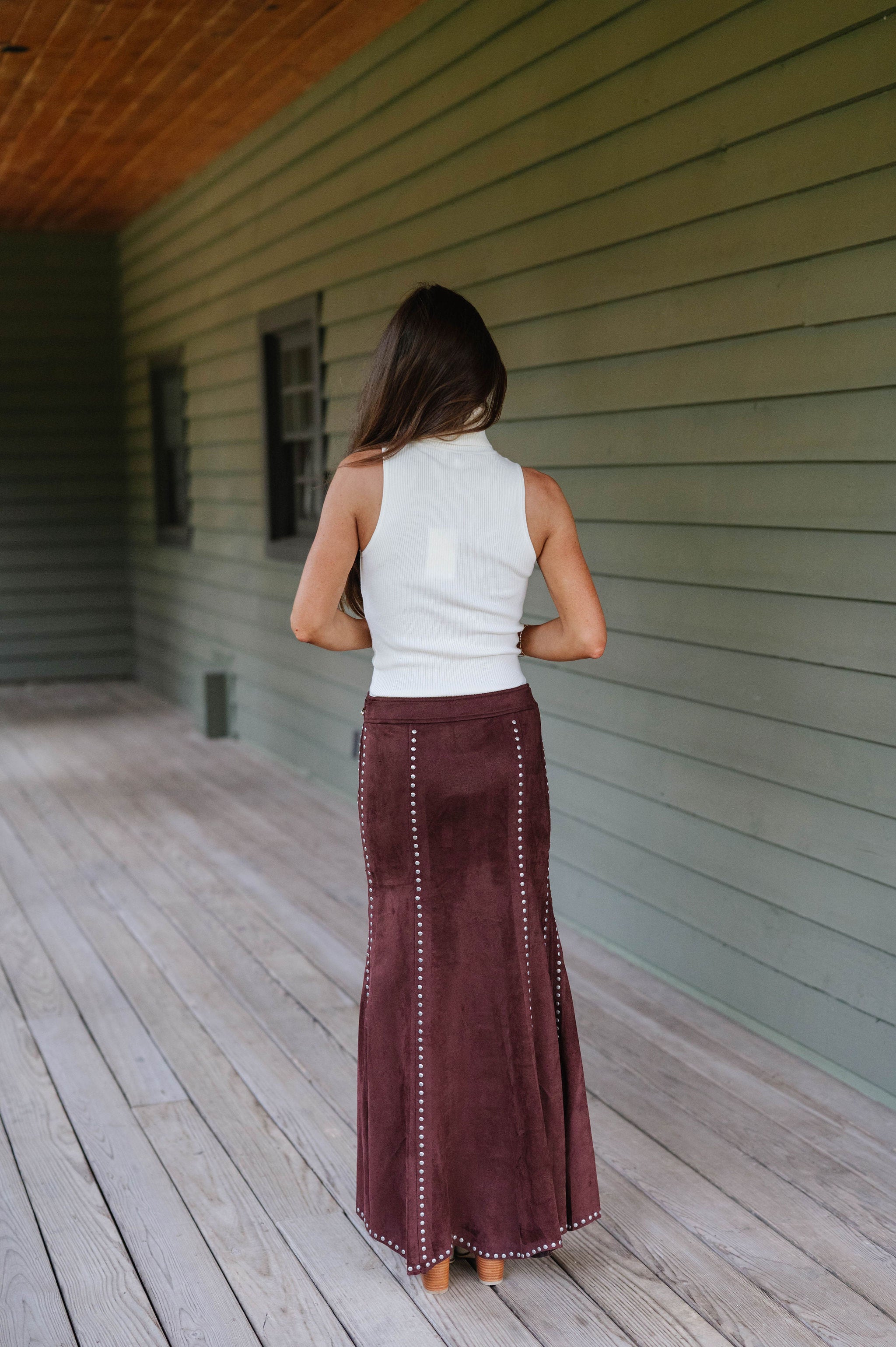 Stephanie Suede Studded Maxi Skirt-Brown