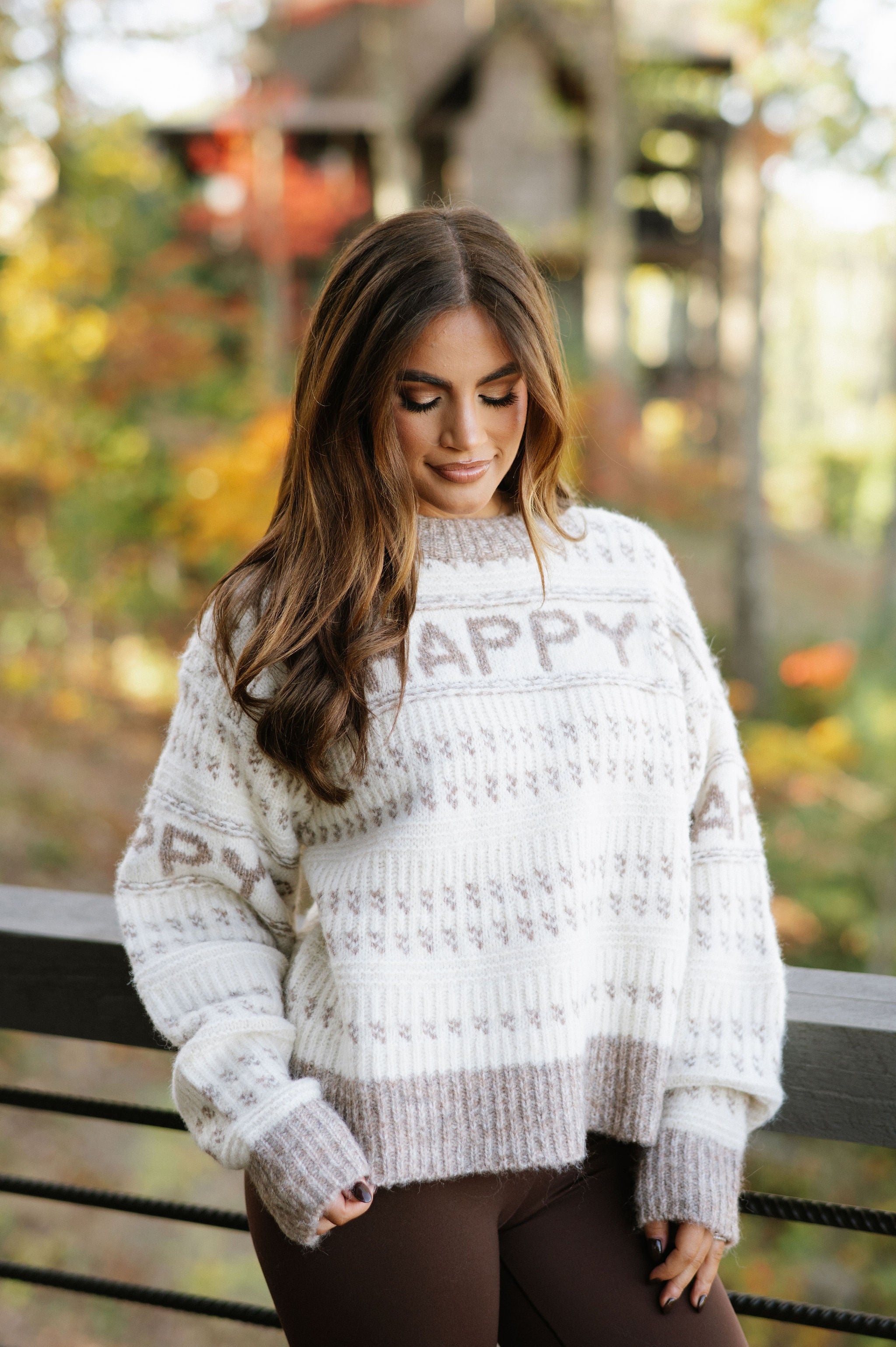 Happy Crewneck Sweater- Cream/ Taupe