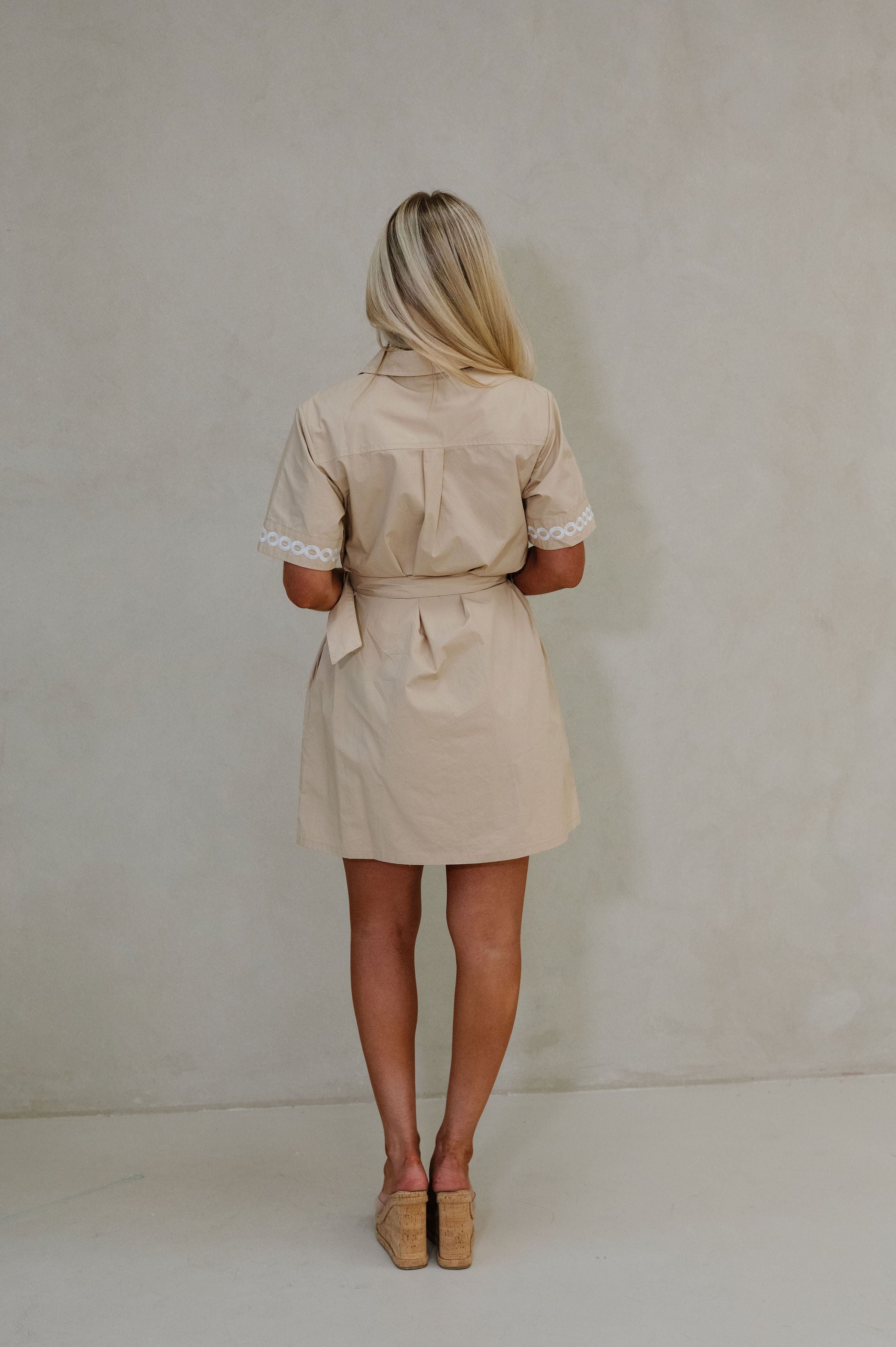 Palm Tree Embroidered Mini Dress-Taupe/Off White