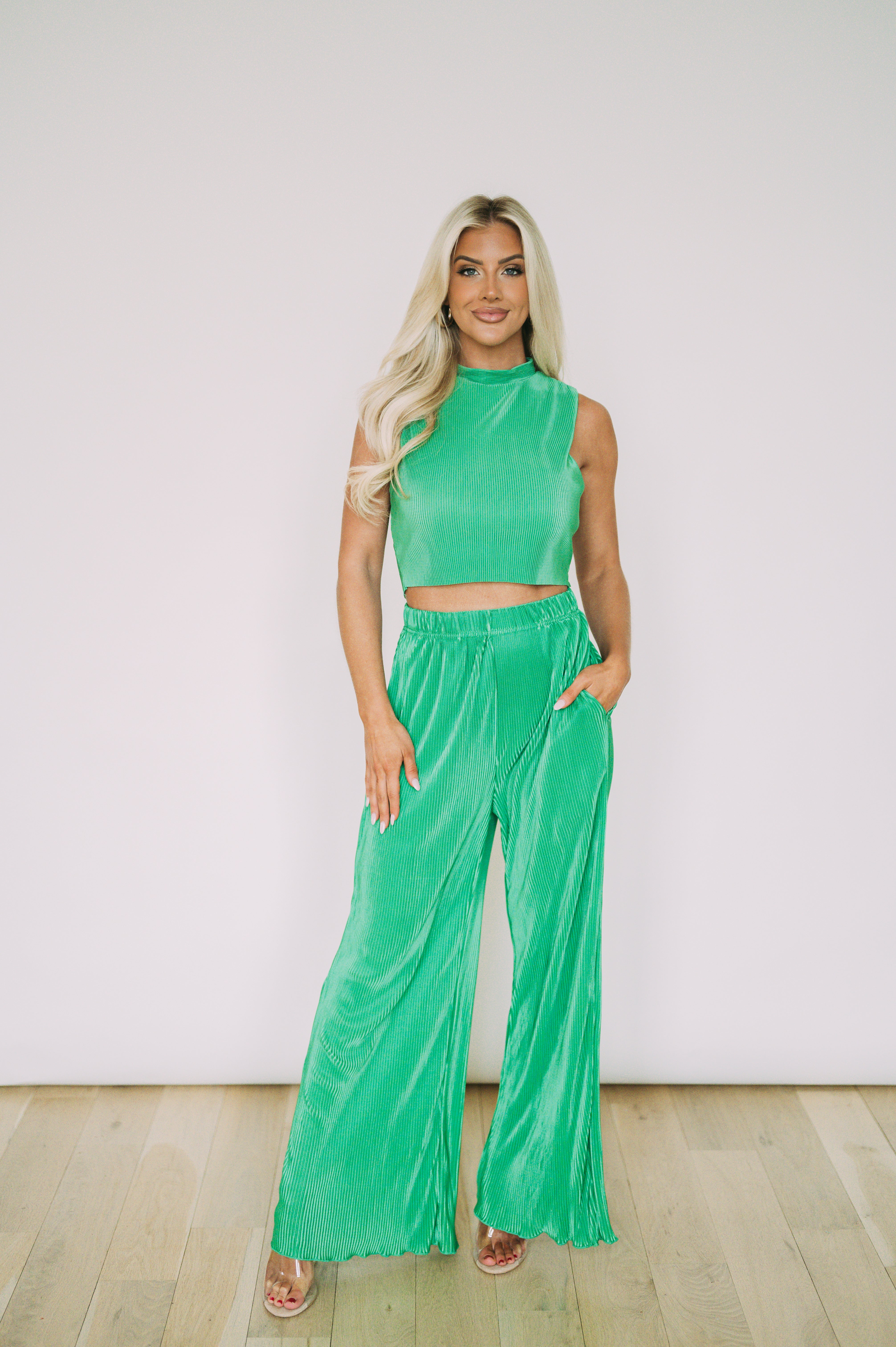 Blaire Pleated Pants Set- Kelly Green