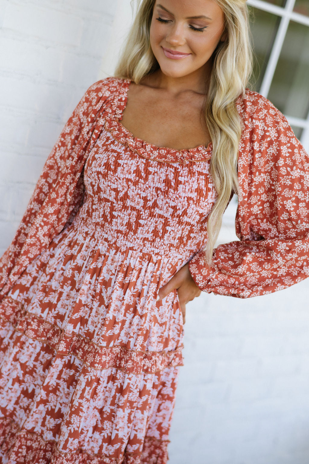 Floral Print Ruffle Maxi Dress-Rust