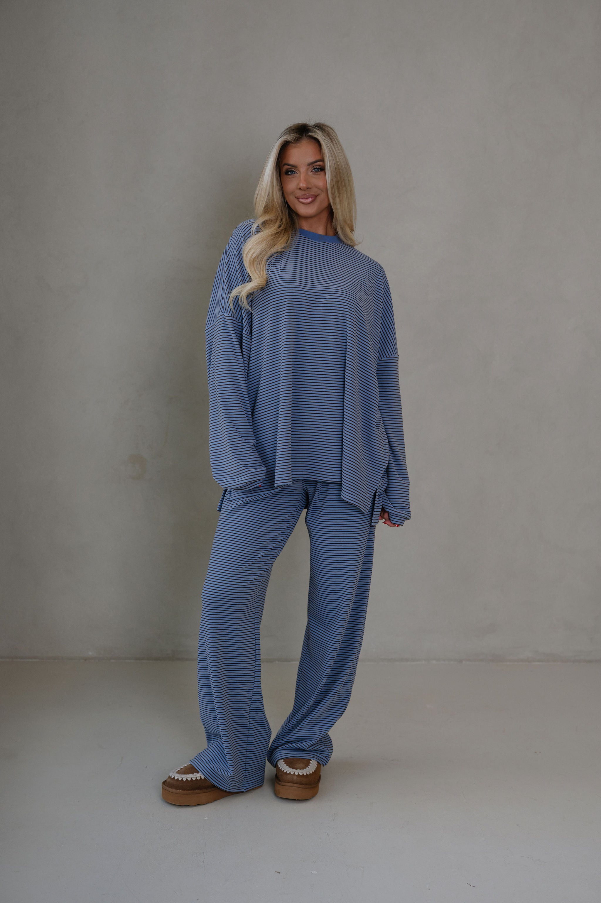 Nora Striped Fleece Oversized Top-Blue