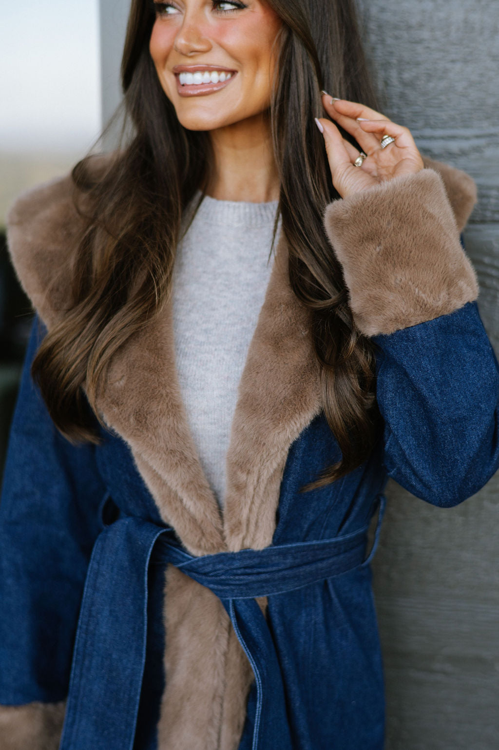 Fur Contrast Denim Coat