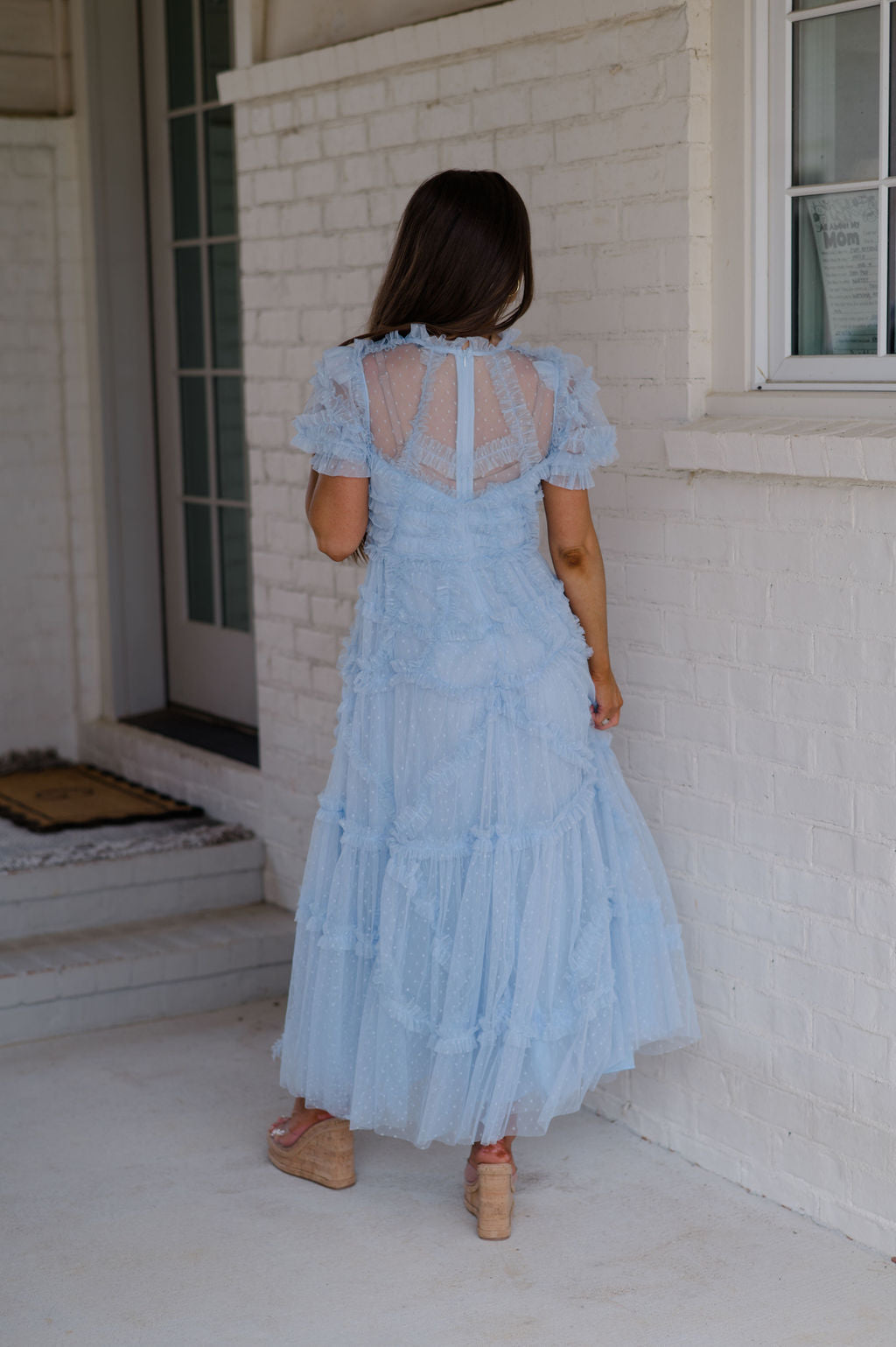 Dotted Tulle Ruffle Maxi Dress-Blue