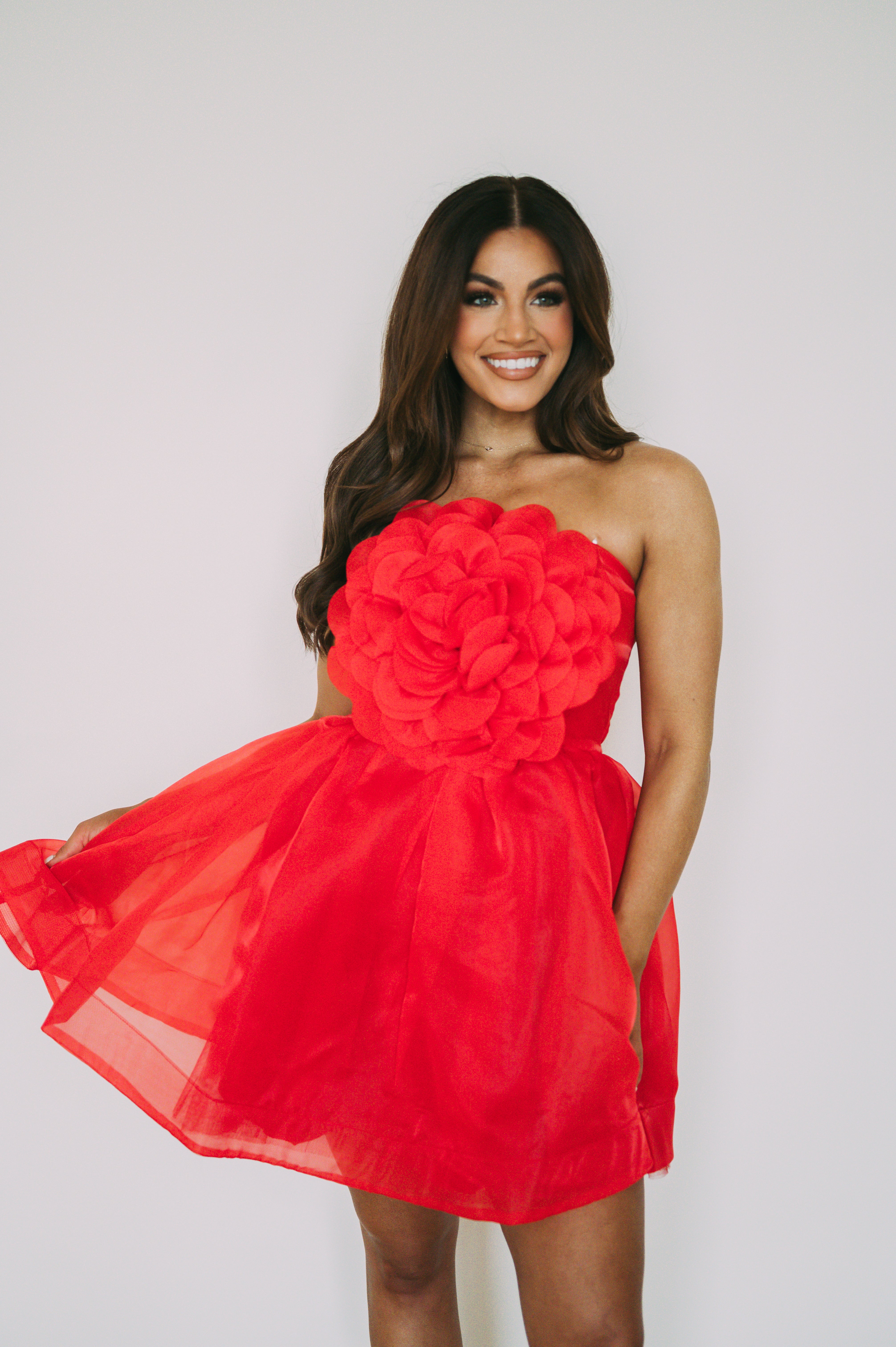 Floral Organza Tube Dress- Red